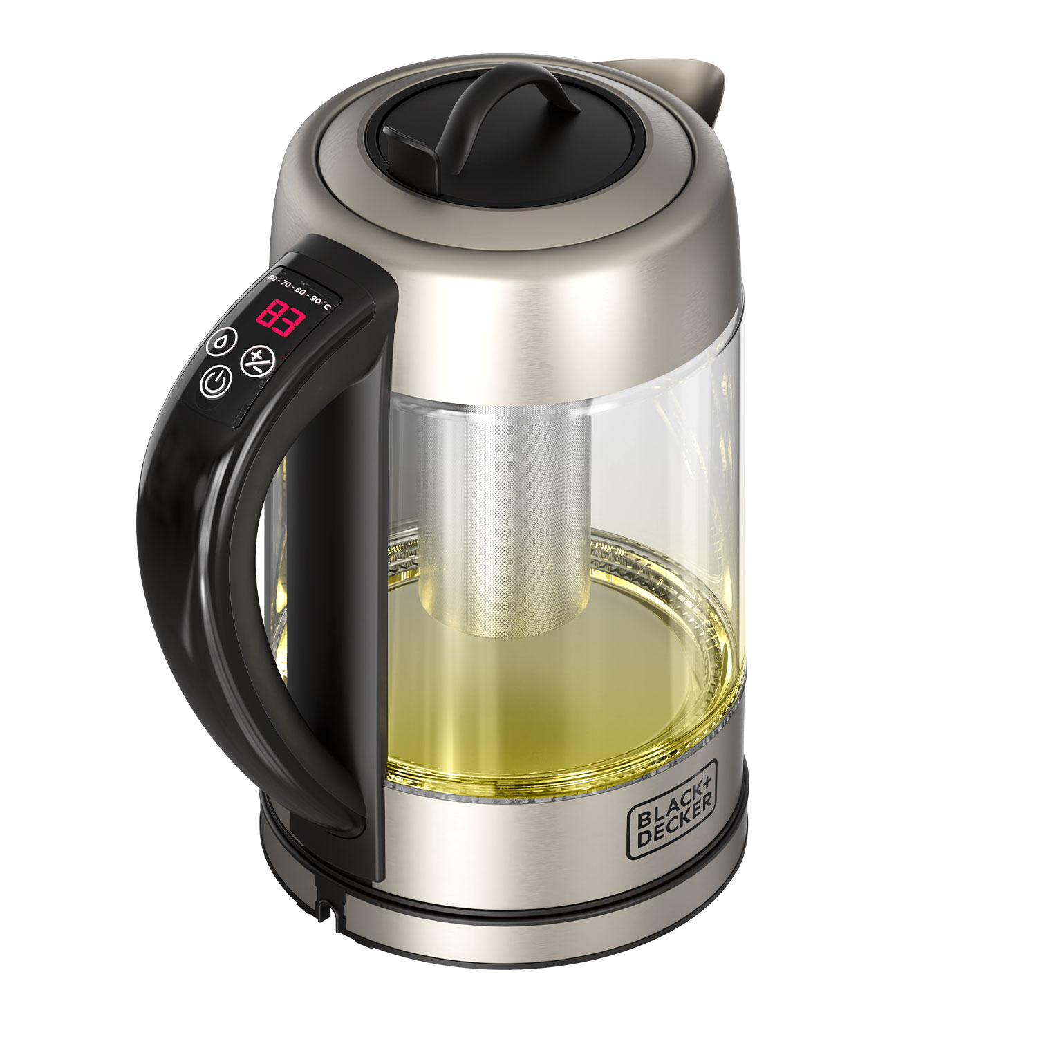 Szklany czajnik z czarną rączką i cyfrowym wyświetlaczem stoi na białym marmurowym blacie.