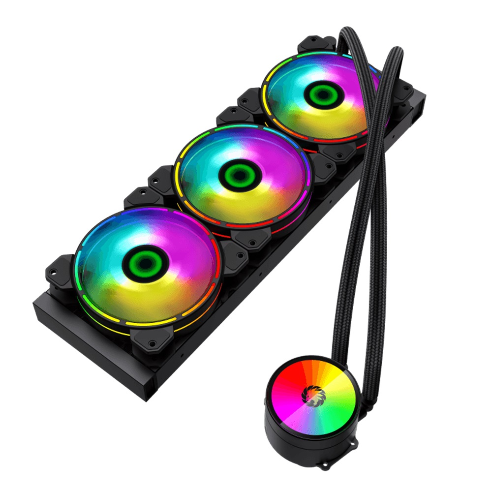 Ein schwarzes Computer-Kühlsystem mit drei bunten Lüftern und einem kreisförmigen Teil mit einem bunten Lüfter.
