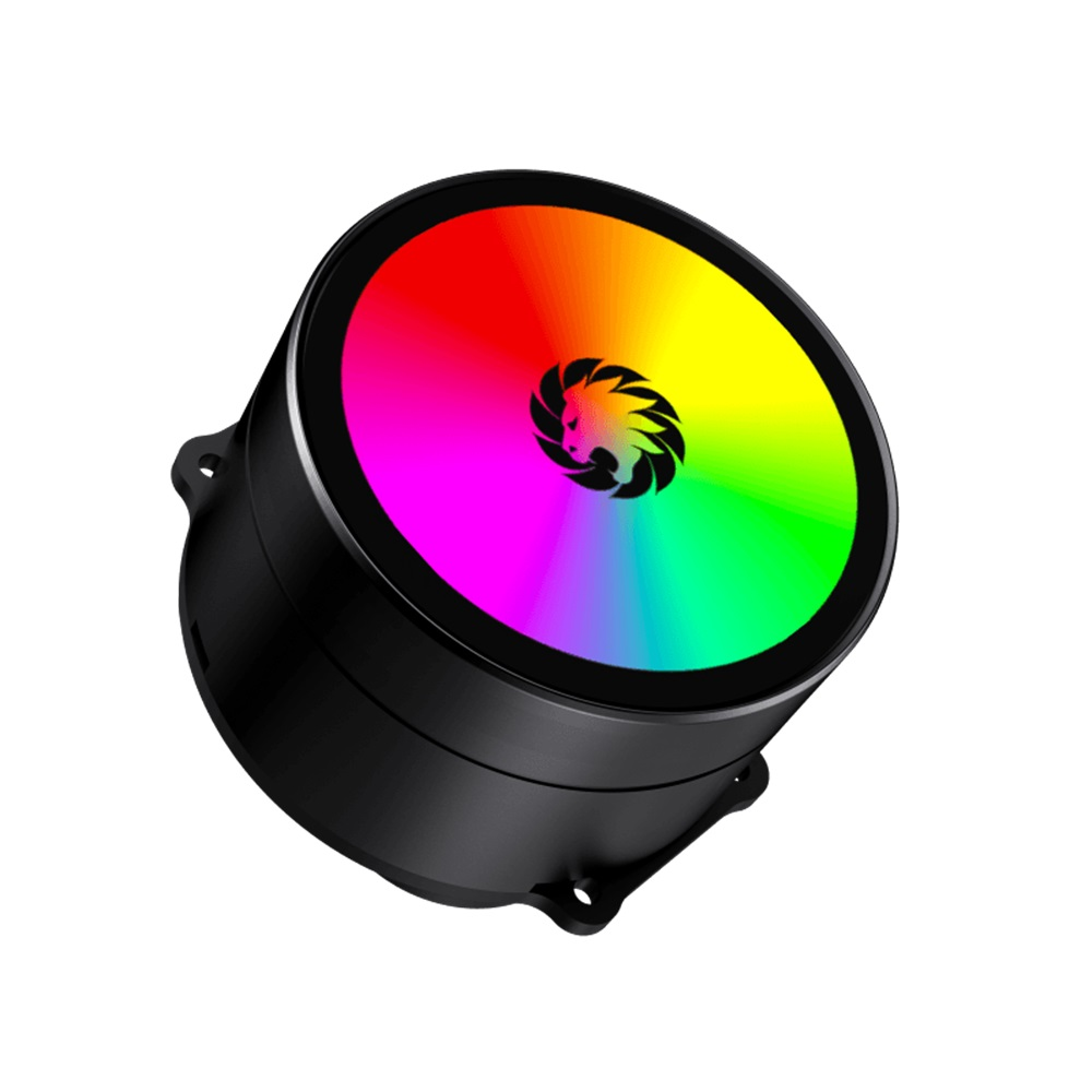 Ein schwarzes kreisförmiges Gerät mit einem Regenbogenwirbelmuster und einem schwarzen Löwenlogo in der Mitte auf weißem Hintergrund.