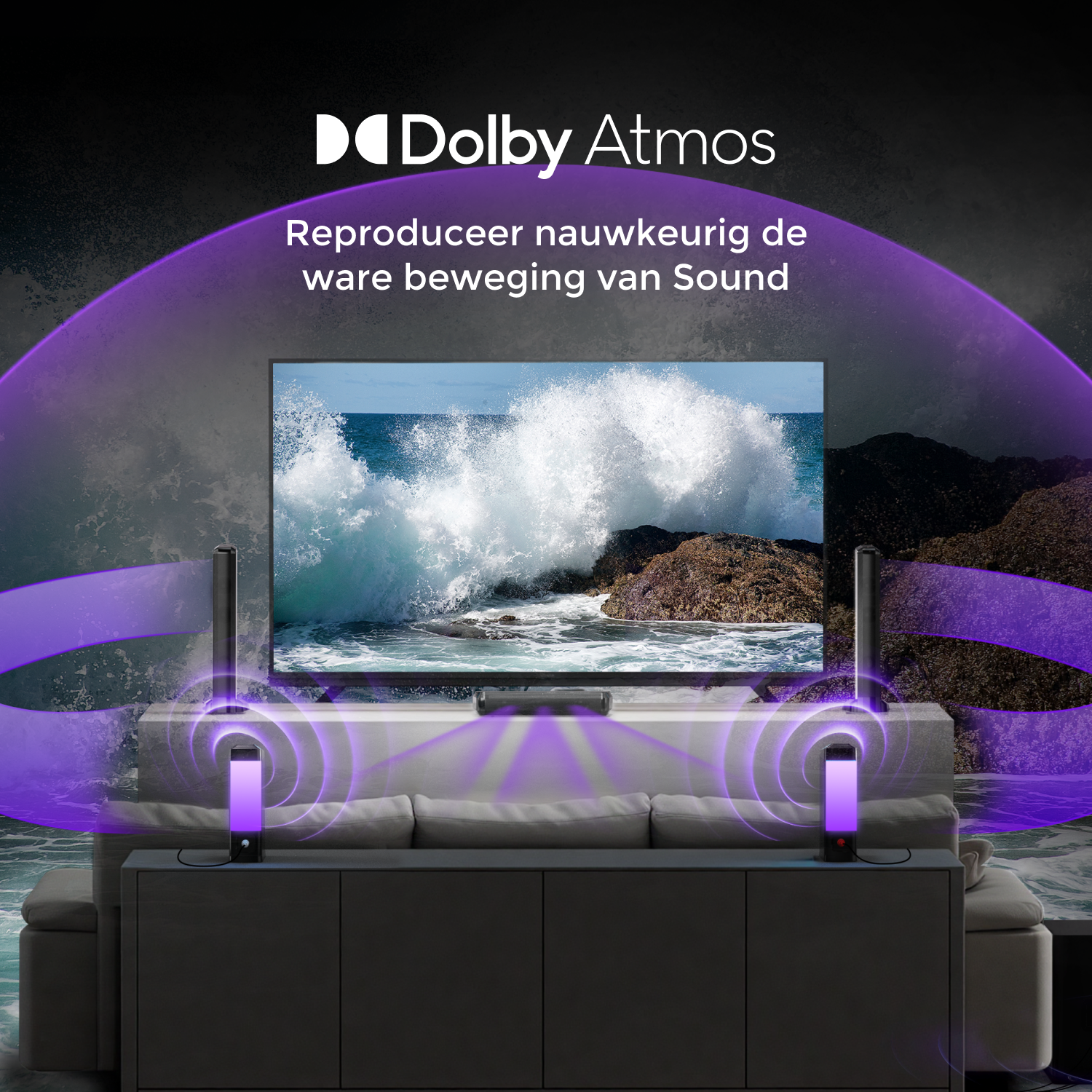 A living room setup with a TV, speakers, and lights. Dolby Atmos logo and sound waves are visible.