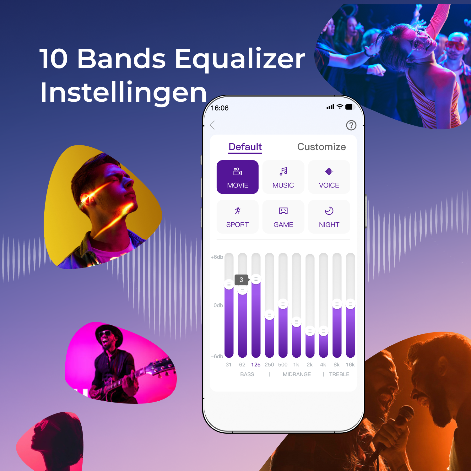 Smartphone app interface showing a 10-band equalizer with customization options and background images of people.