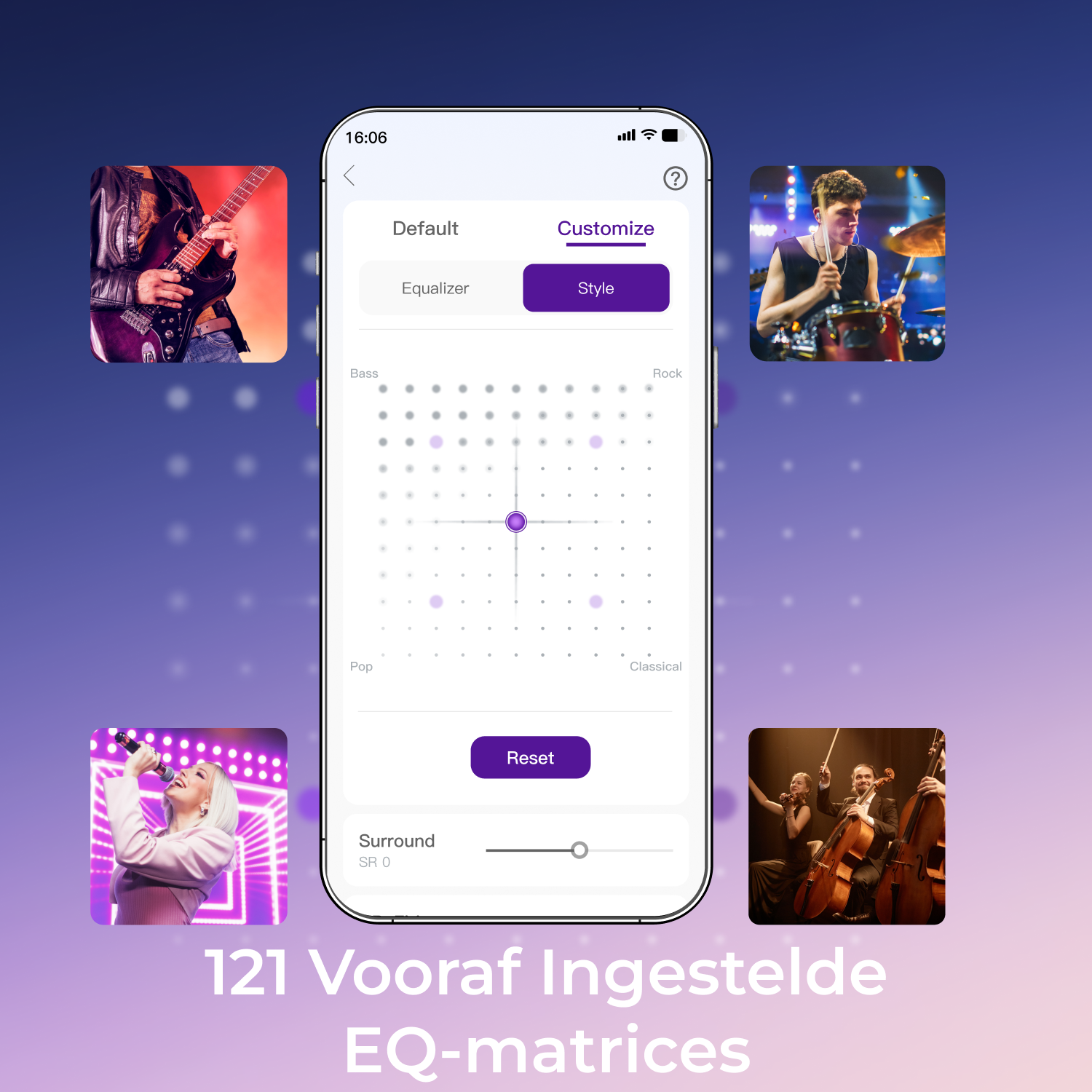 Smartphone showing equalizer customization options with images of musicians and people enjoying music in background.