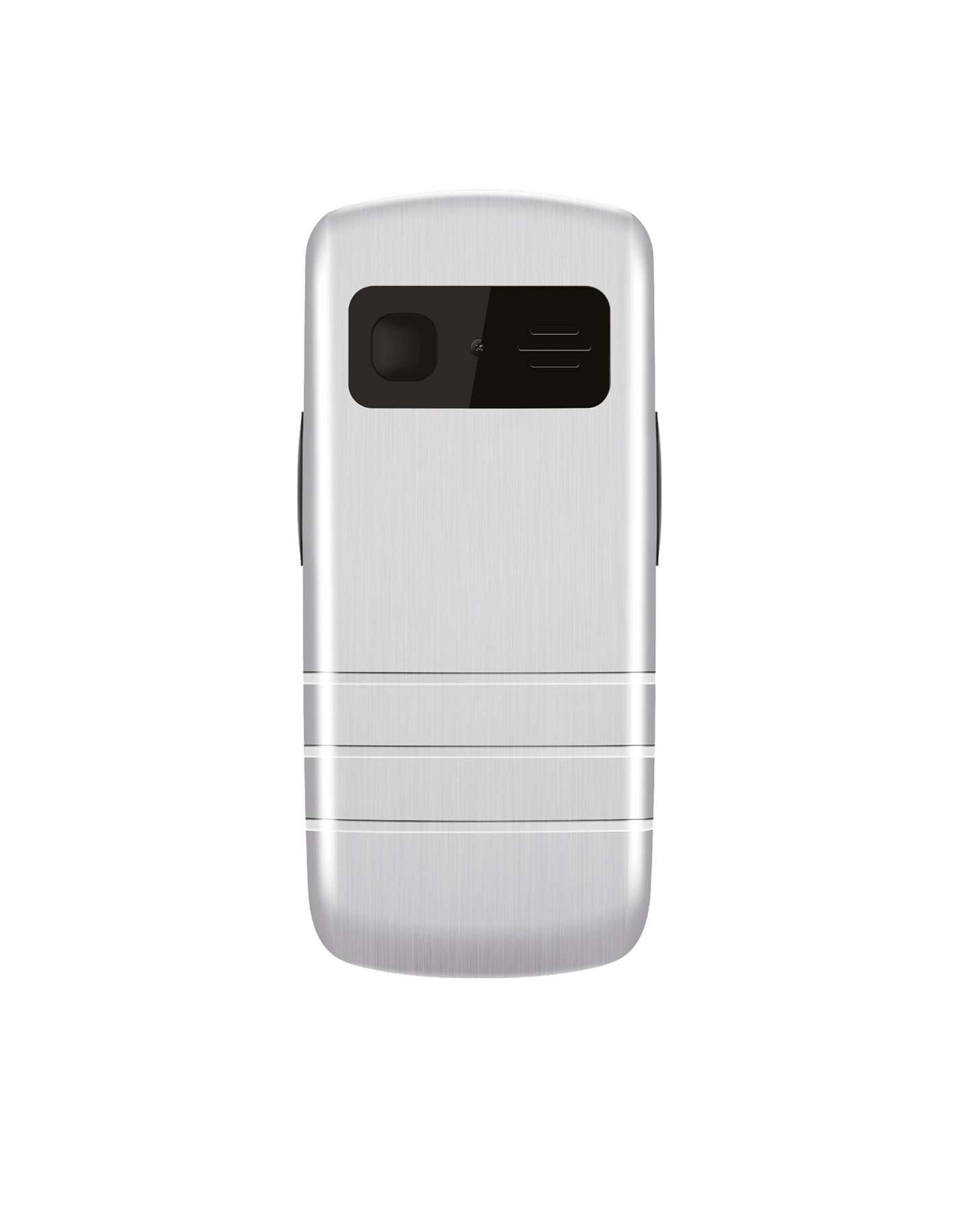 Un téléphone portable argenté avec une zone de caméra noire et trois lignes horizontales. Le téléphone a un design métallique élégant.