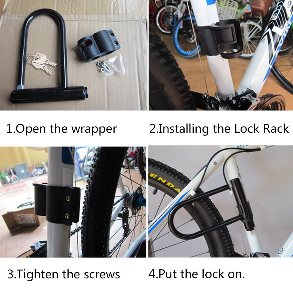 Eine Reihe von Bildern, die die Installation eines Fahrradschlosses mit Textanweisungen zeigen.