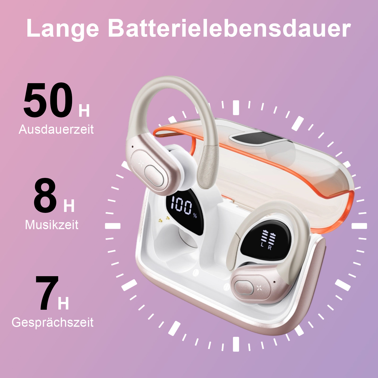 Kabellose Ohrhörer im Ladecase mit Text zur Akkulaufzeit und lila Hintergrund.