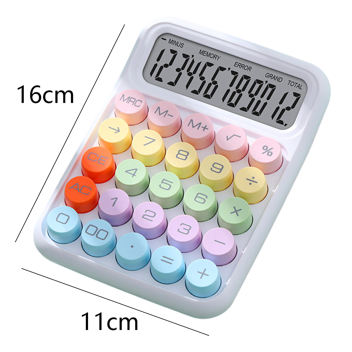 Ein weißer Taschenrechner mit bunten Tasten, LCD-Anzeige, mit Maßangaben.