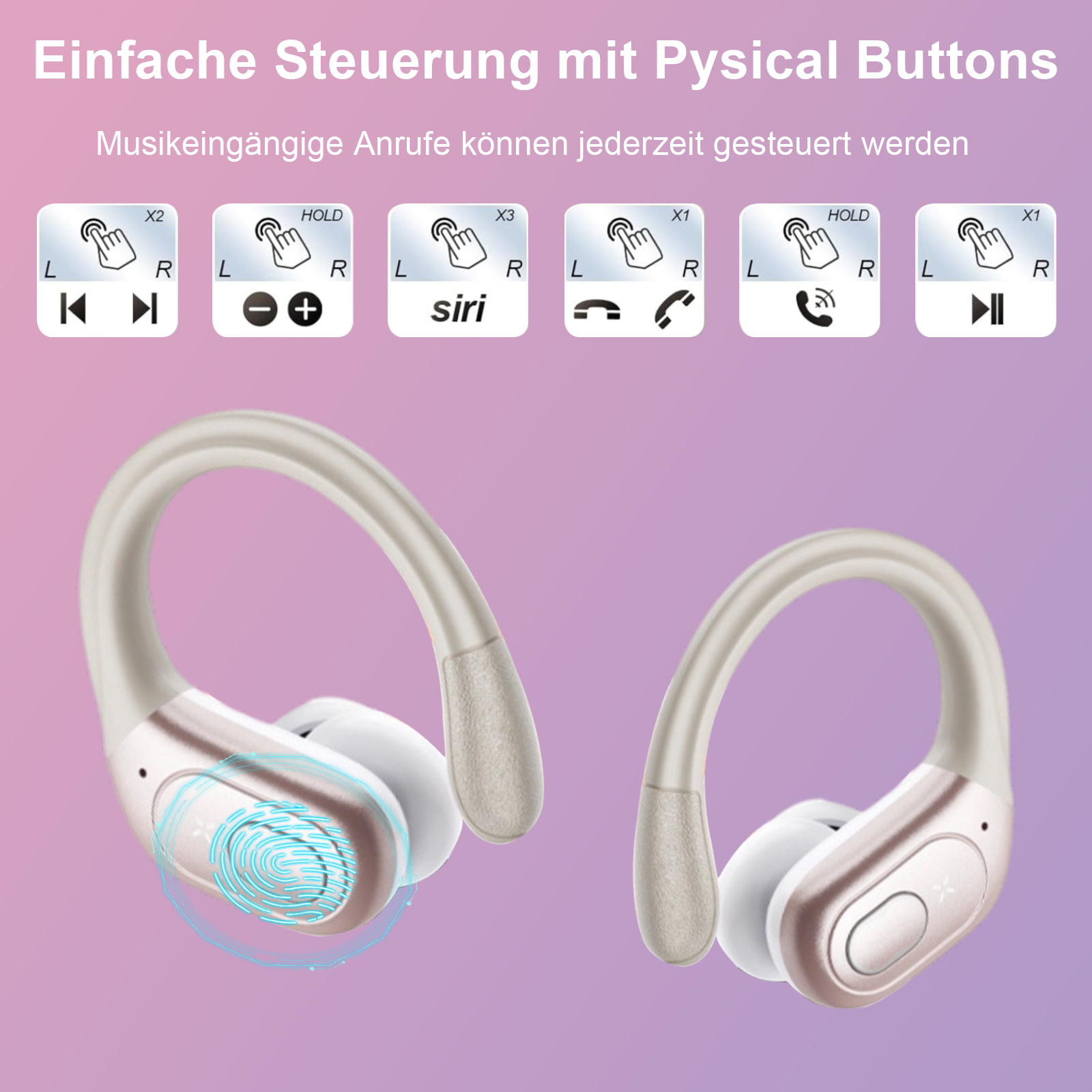 Kabellose Ohrhörer mit Bedienelementen und Fingerabdruckscanner auf weißem Grund.