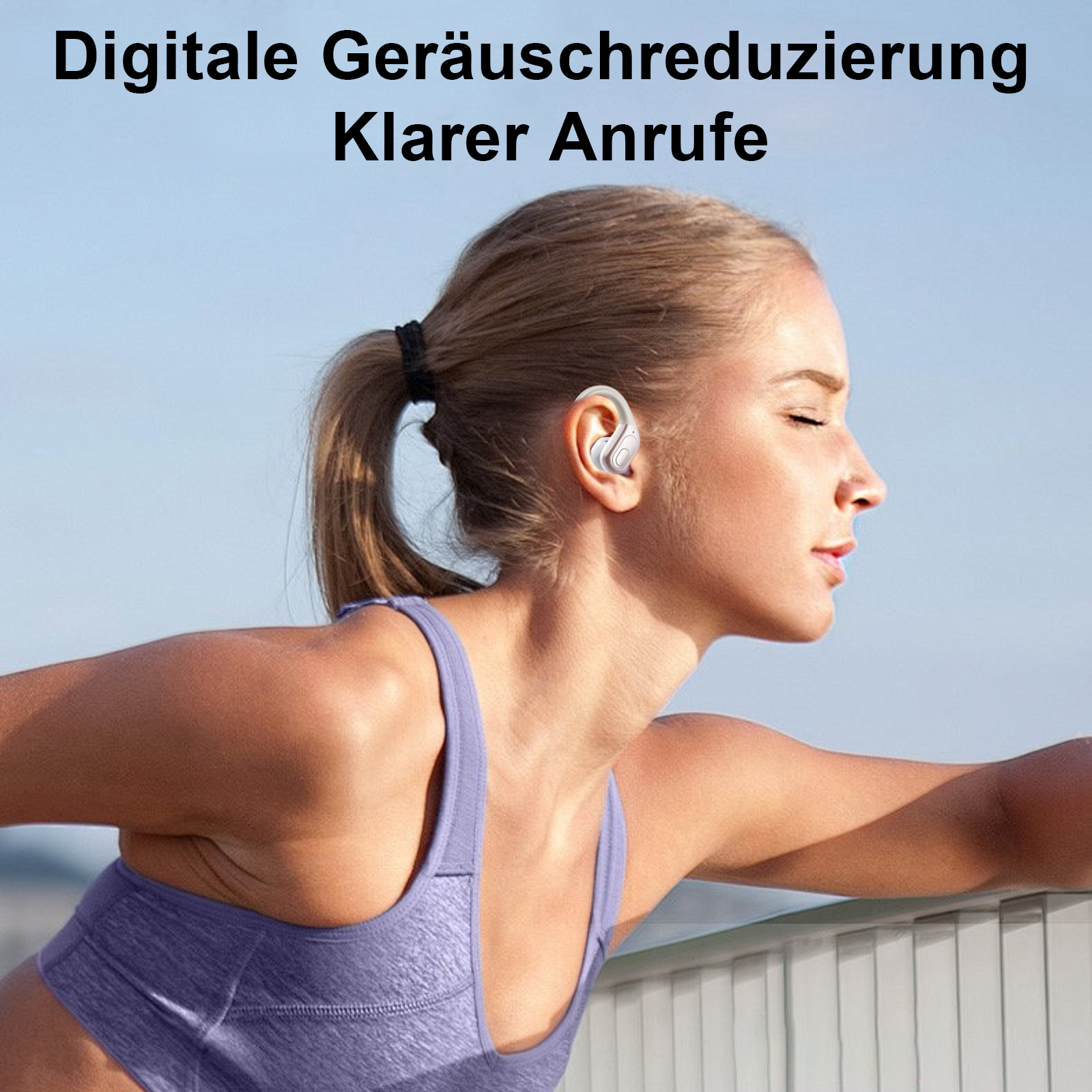 Frau mit Ohrhörern, der Text lautet Digitale Geräuschreduzierung Klare Anrufe.