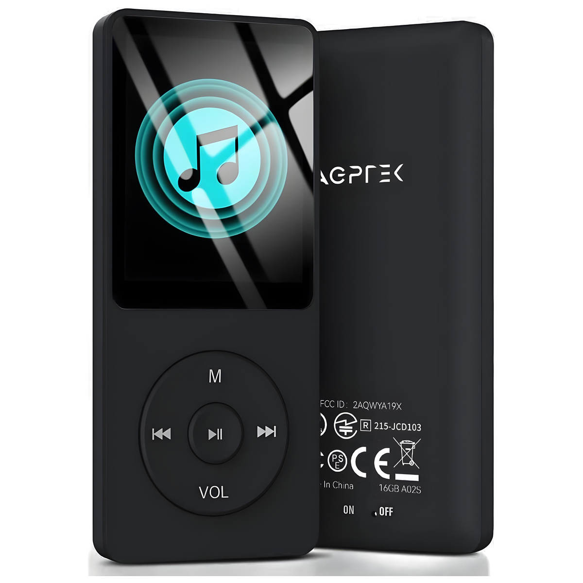 Ein schwarzer MP3-Player mit einem Bildschirm, der eine Musiknote zeigt. Der Player hat Navigationstasten und die Aufschrift 'VOL'.