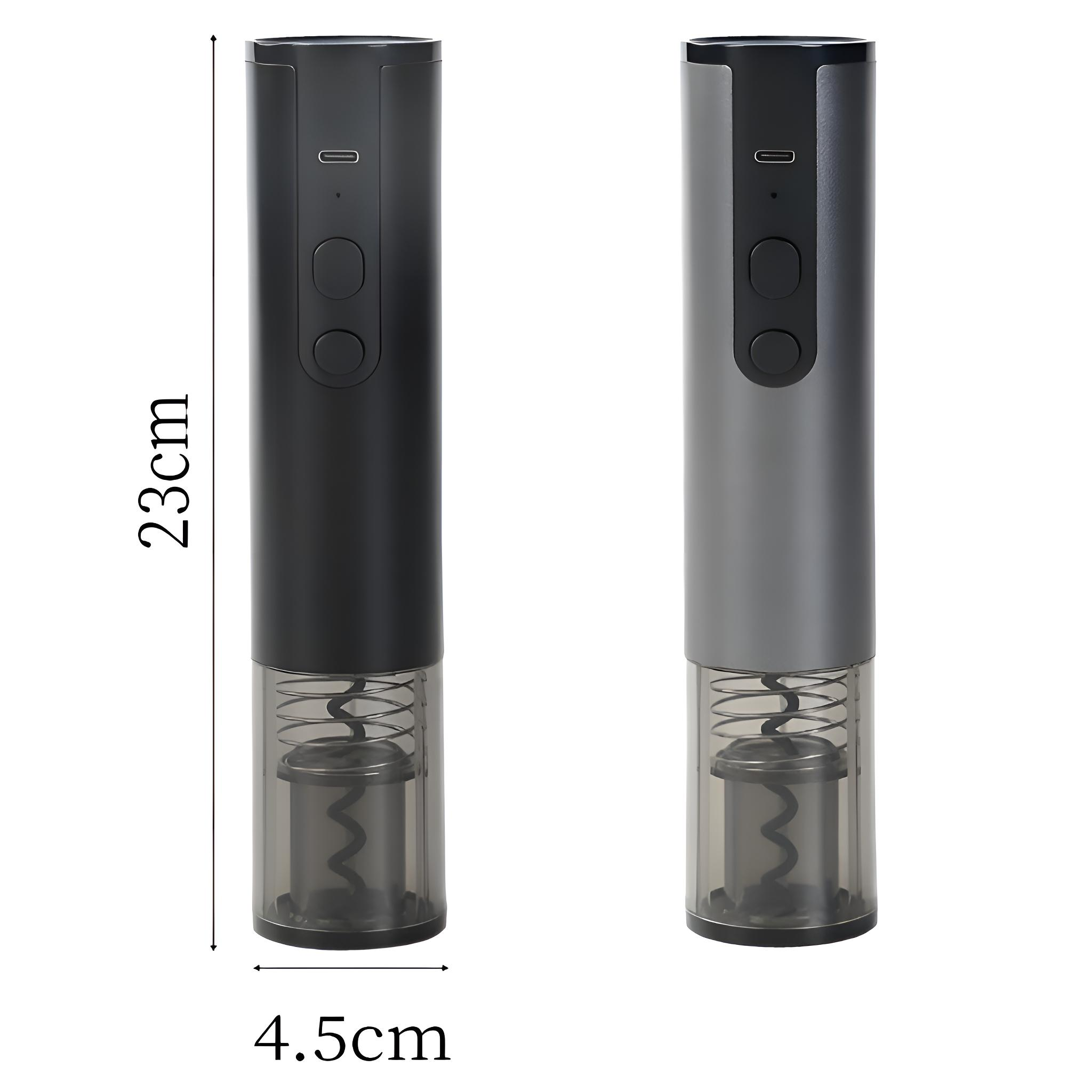 Zwei elektrische Weinöffner, schwarz und grau, mit den Maßen 23 cm Höhe und 4,5 cm Breite.