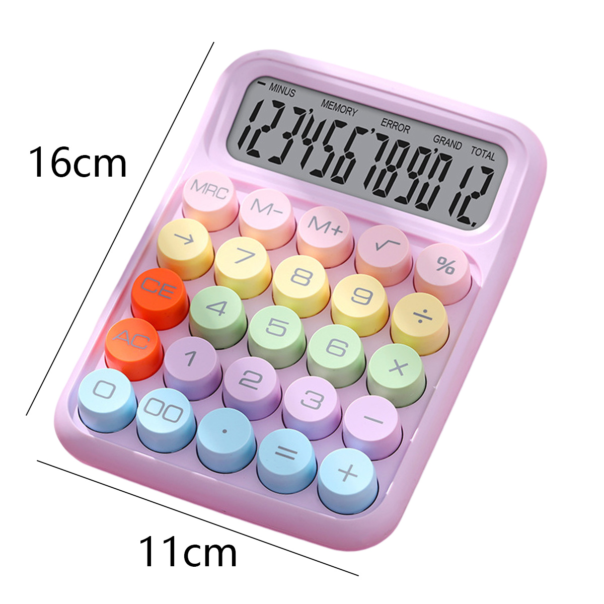 Ein rosa Rechner mit bunten runden Tasten und digitaler Anzeige. Abmessungen sind 16 cm x 11 cm.