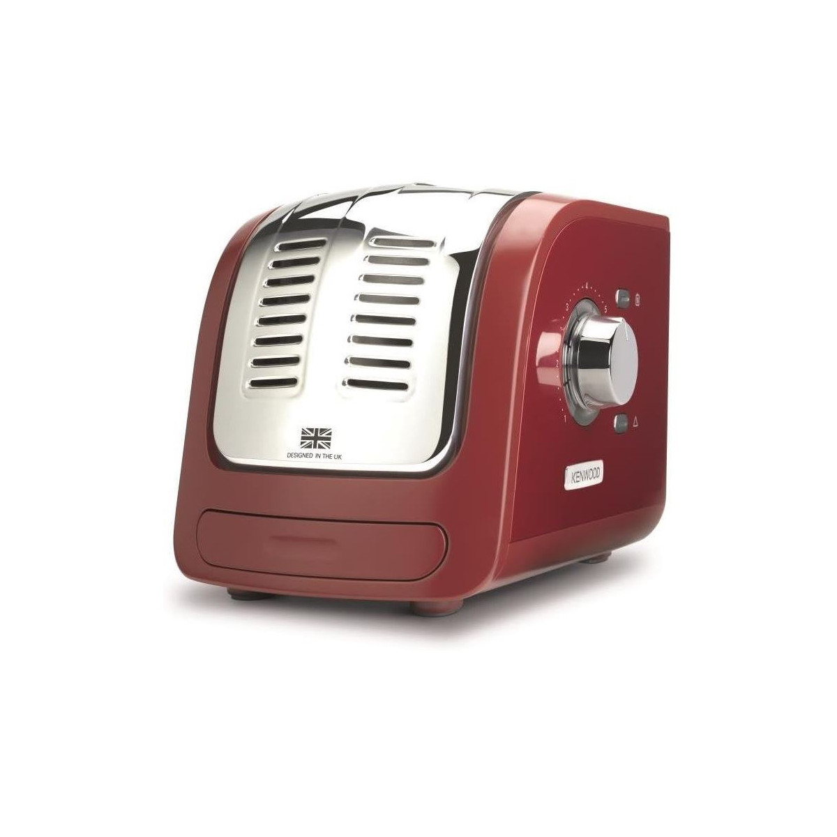 Ein roter und silberner Kenwood-Toaster mit dem Union Jack auf der Seite. Er steht auf weißem Hintergrund.