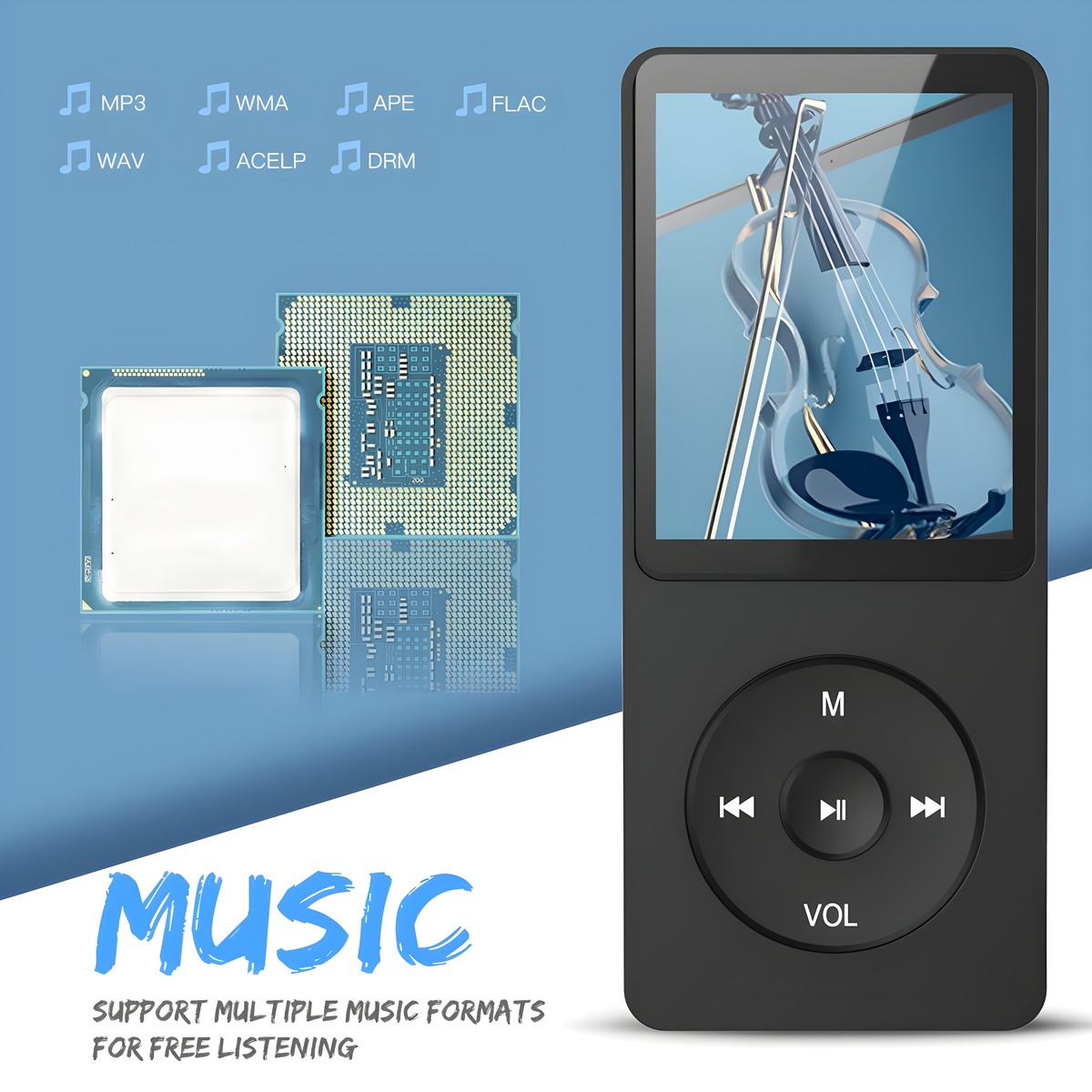 Ein schwarzer MP3-Player mit einem Bildschirm, der eine Geige und einen Violinschlüssel zeigt. Musikformat-Symbole sind sichtbar.