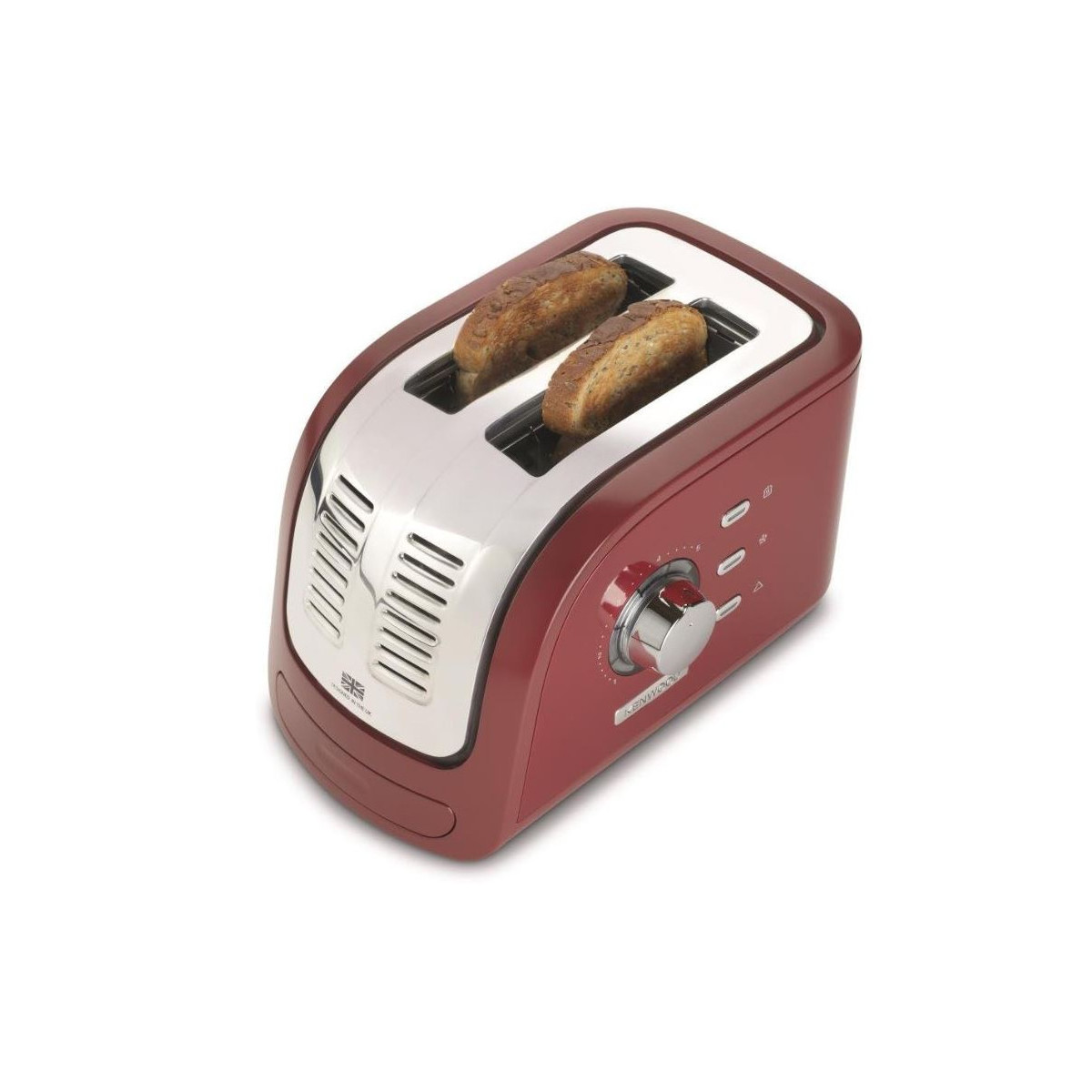 Ein roter Toaster mit zwei Brotscheiben. Er steht auf weißem Hintergrund.