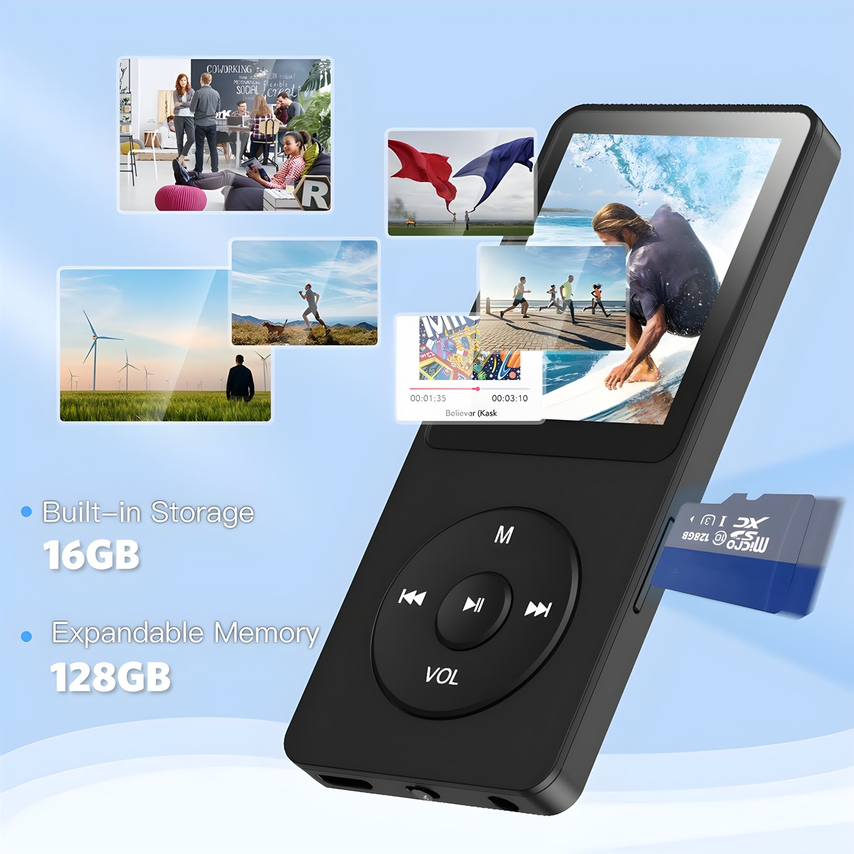 Ein schwarzer MP3-Player, der Fotos und Videos zeigt, mit eingelegter SD-Karte.