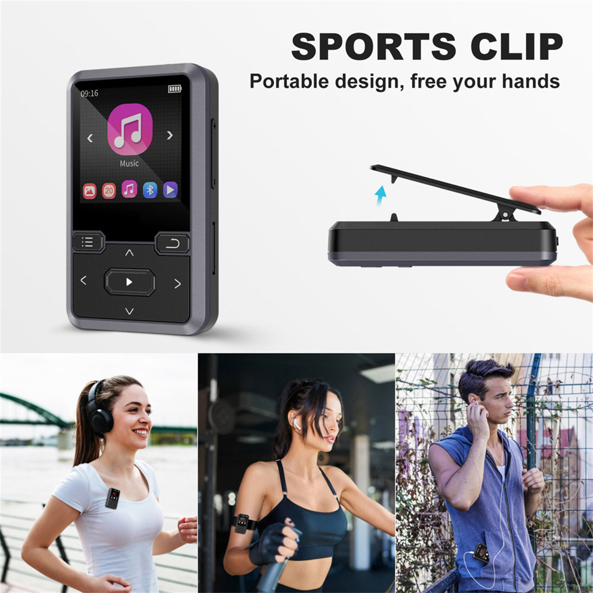 Ein MP3-Player neben einer Person mit Kopfhörern, beim Laufen und mit dem Clip.