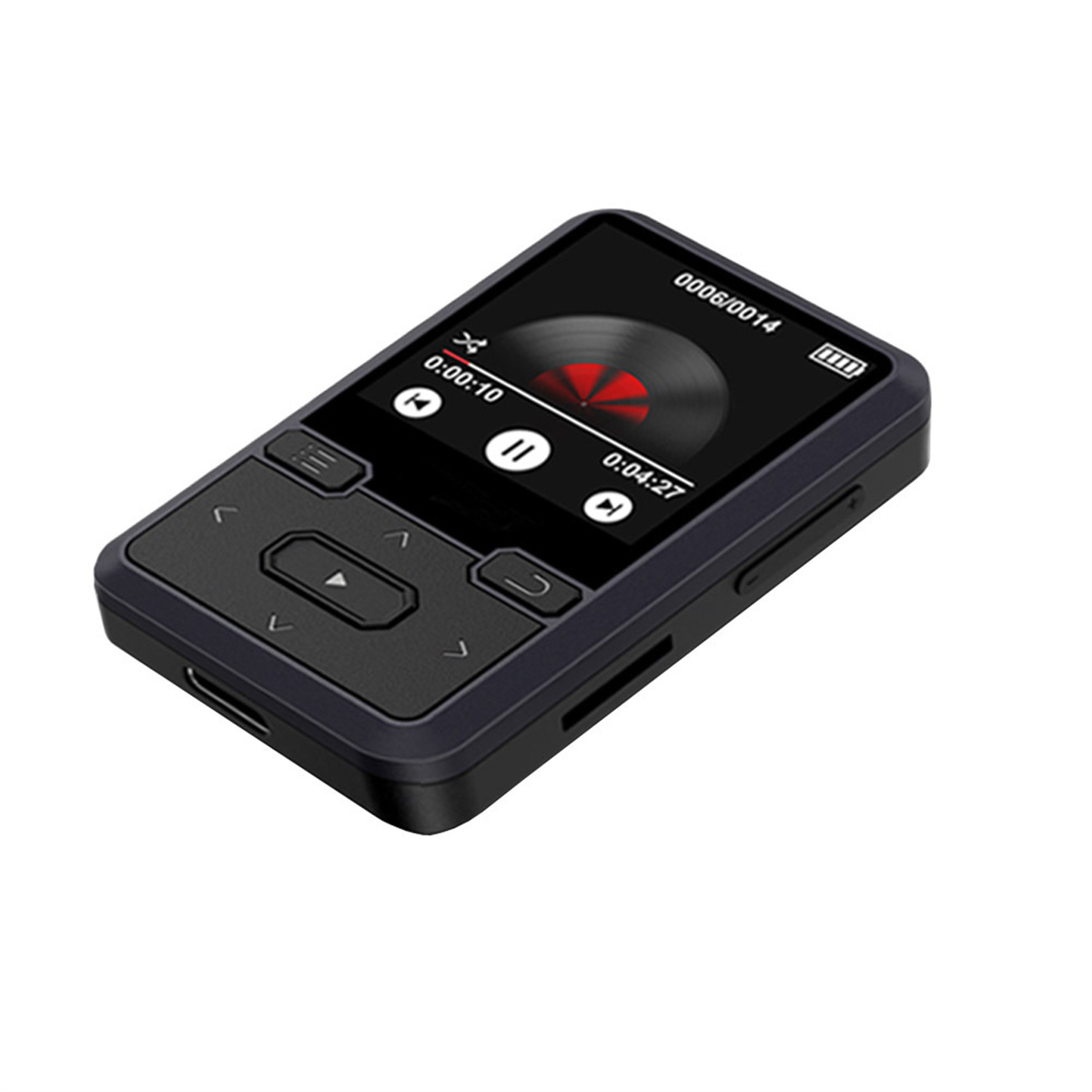 Ein schwarzer MP3-Player mit einem Bildschirm, der eine rote Schallplatte und Steuertasten anzeigt.