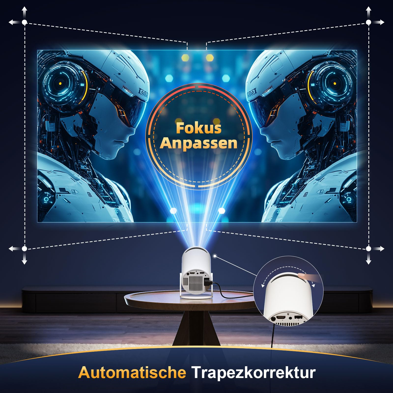 Projektor, der Bilder anzeigt, mit Text 'Fokus anpassen' und 'Automatische Trapezkorrektur'.