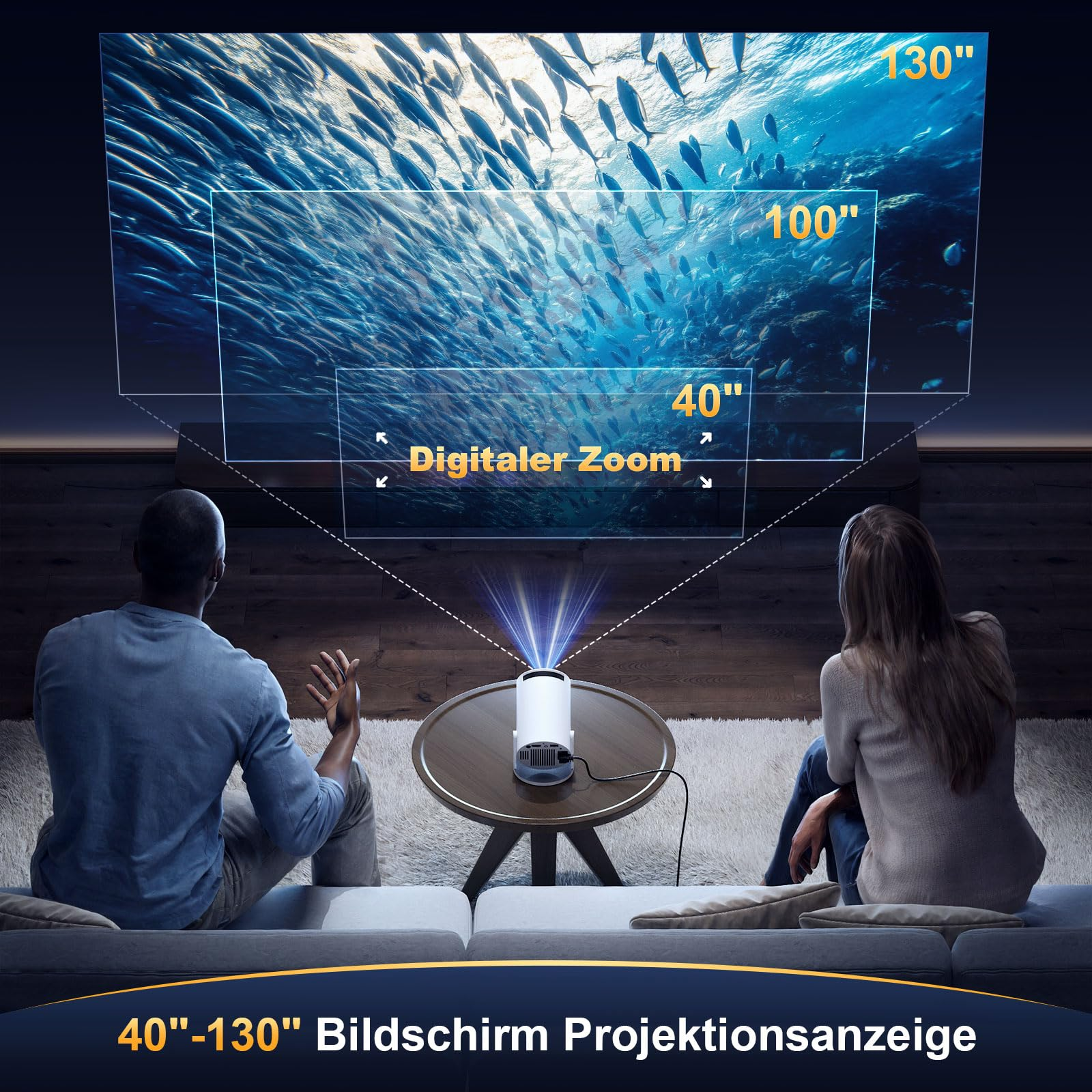 Personen sitzen vor einem Projektor, der einen Fischschwarm anzeigt, mit Größenangaben.
