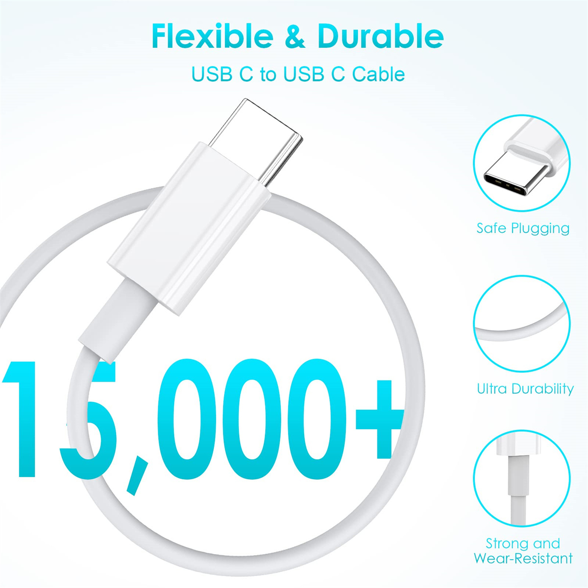 Ein weißes USB-C-Kabel mit USB-C-Anschluss, Text und Icons bewerben seine Funktionen.