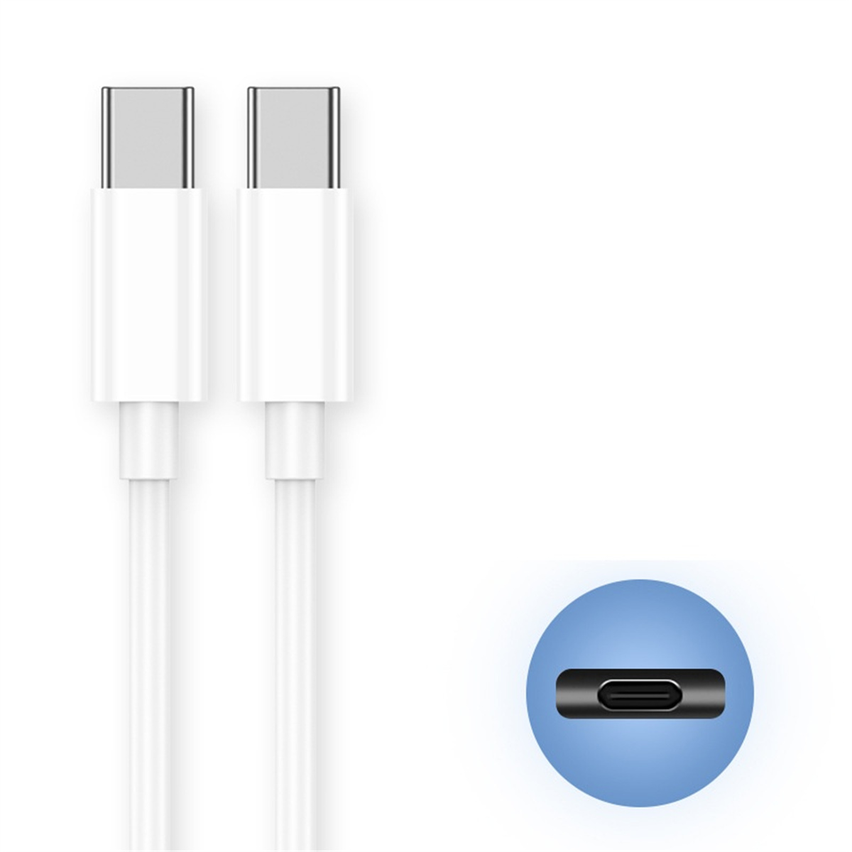 Zwei weiße USB-C-Kabel nebeneinander, mit einem blauen Kreis, der das Profil des Anschlusses zeigt.