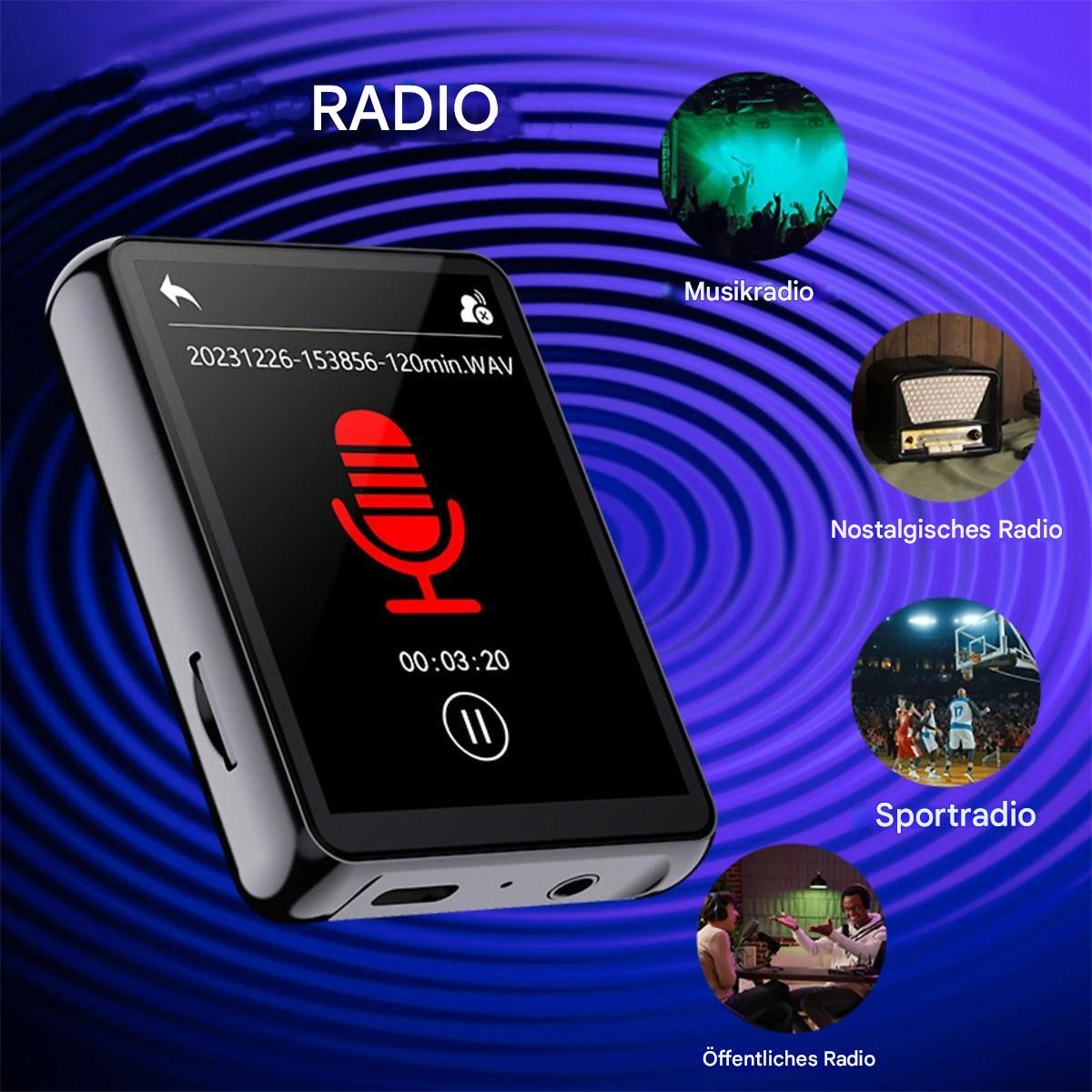 Ein schwarzer MP3-Player mit Bildschirm, der Radiooptionen zeigt, umgeben von Radiografiken.
