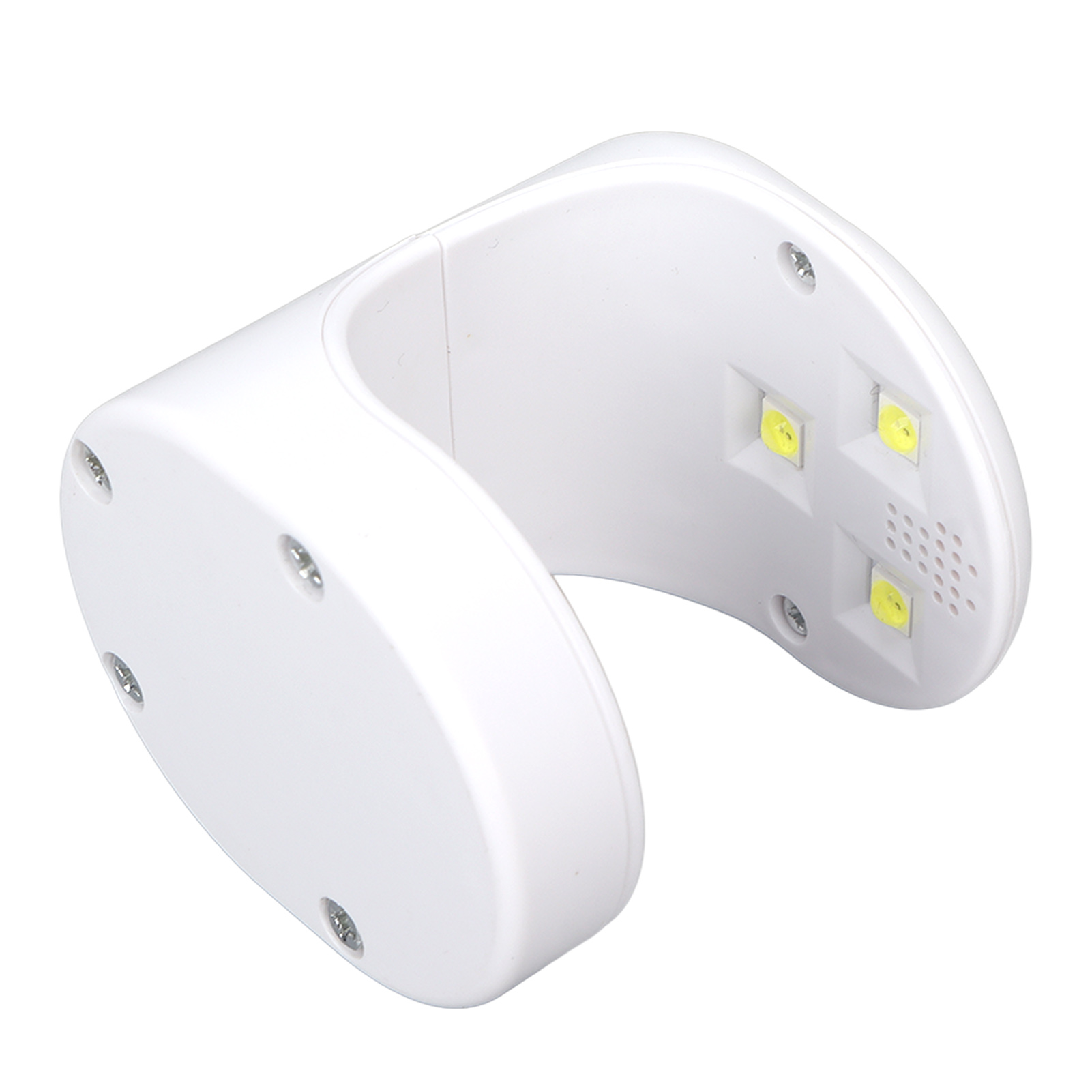Unterseite einer weißen Nagellampe mit Schraubenlöchern und LED-Leuchten.
