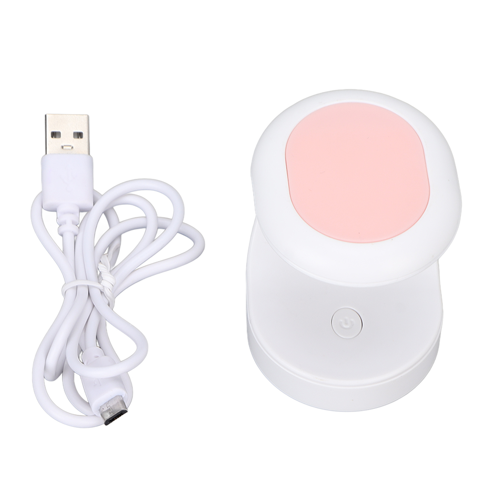 Eine weiße Nagellampe mit rosa Oberseite und einem USB-Kabel auf weißem Hintergrund.