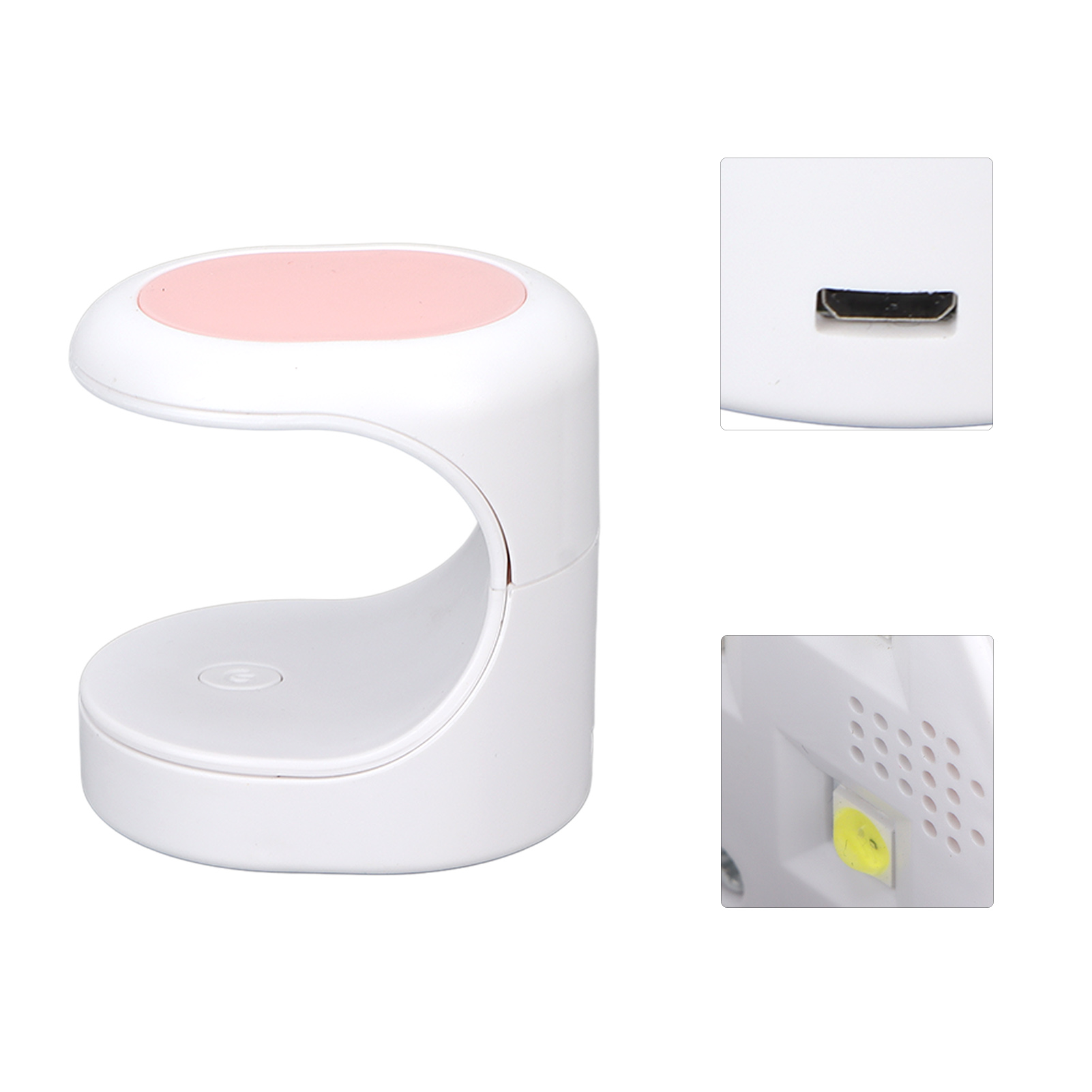 Eine weiße Nagellampe mit rosa Oberseite und Details der Rückseite und des USB-Anschlusses.