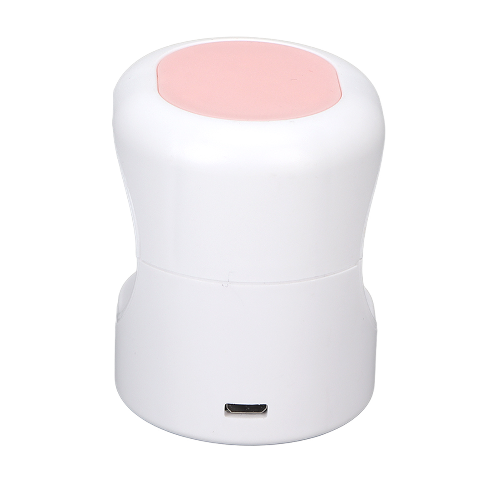 Ein weißes Gerät mit rosa Oberseite und USB-Anschluss, von unten gesehen.