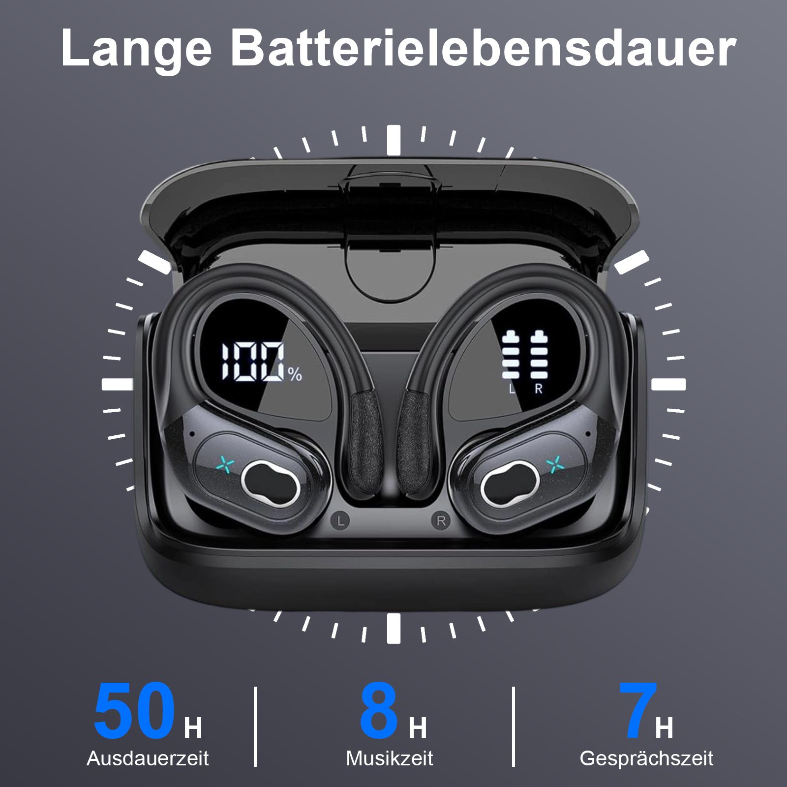 Ohrhörer in einem Ladecase mit einer Uhrgrafik. Text zeigt 50h Akkulaufzeit, 8h Musikzeit und 7h Gesprächszeit an.