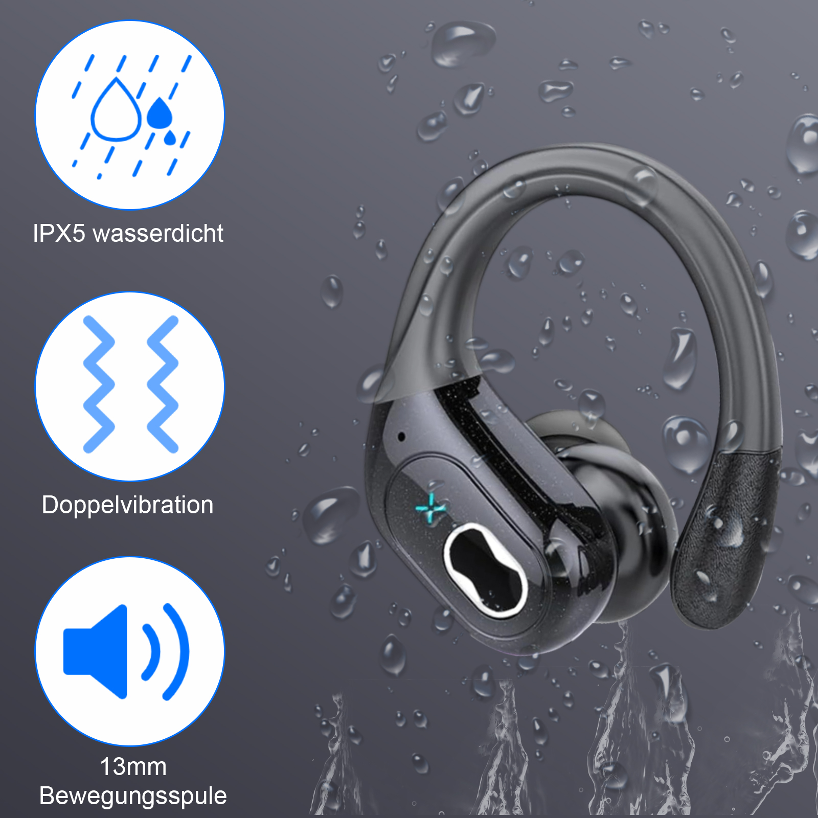 Schwarzer Ohrhörer mit Text und Wassertropfen. Zeigt Symbole für Regen, Ton und Vibration.