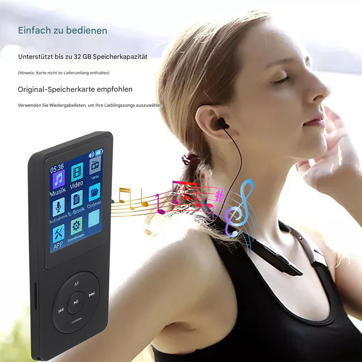 Eine Frau mit einem MP3-Player und Ohrhörern. Musiknoten werden angezeigt, und Text weist auf Funktionen hin.