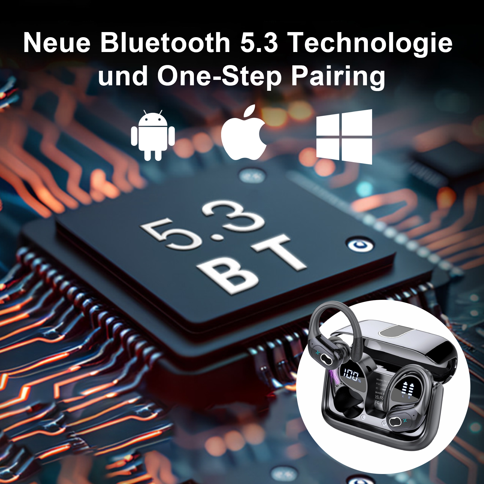 Ein Bild von Ohrhörern und ihrem Ladecase mit dem Text 'Neue Bluetooth 5.3 Technologie' auf einem Chip.