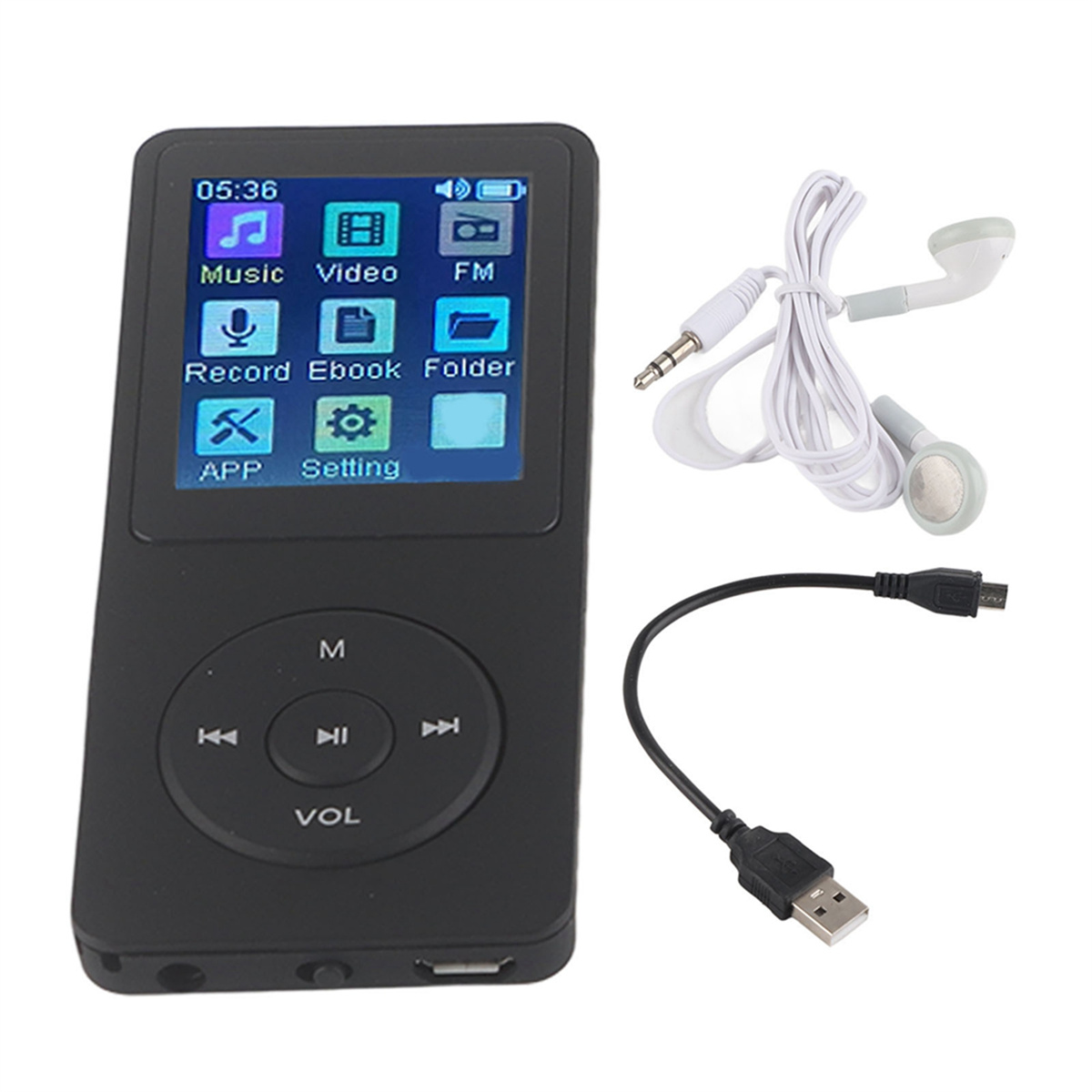 Schwarzer MP3-Player mit Bildschirm, der Symbole anzeigt. Weiße Ohrhörer und ein Ladekabel befinden sich rechts.