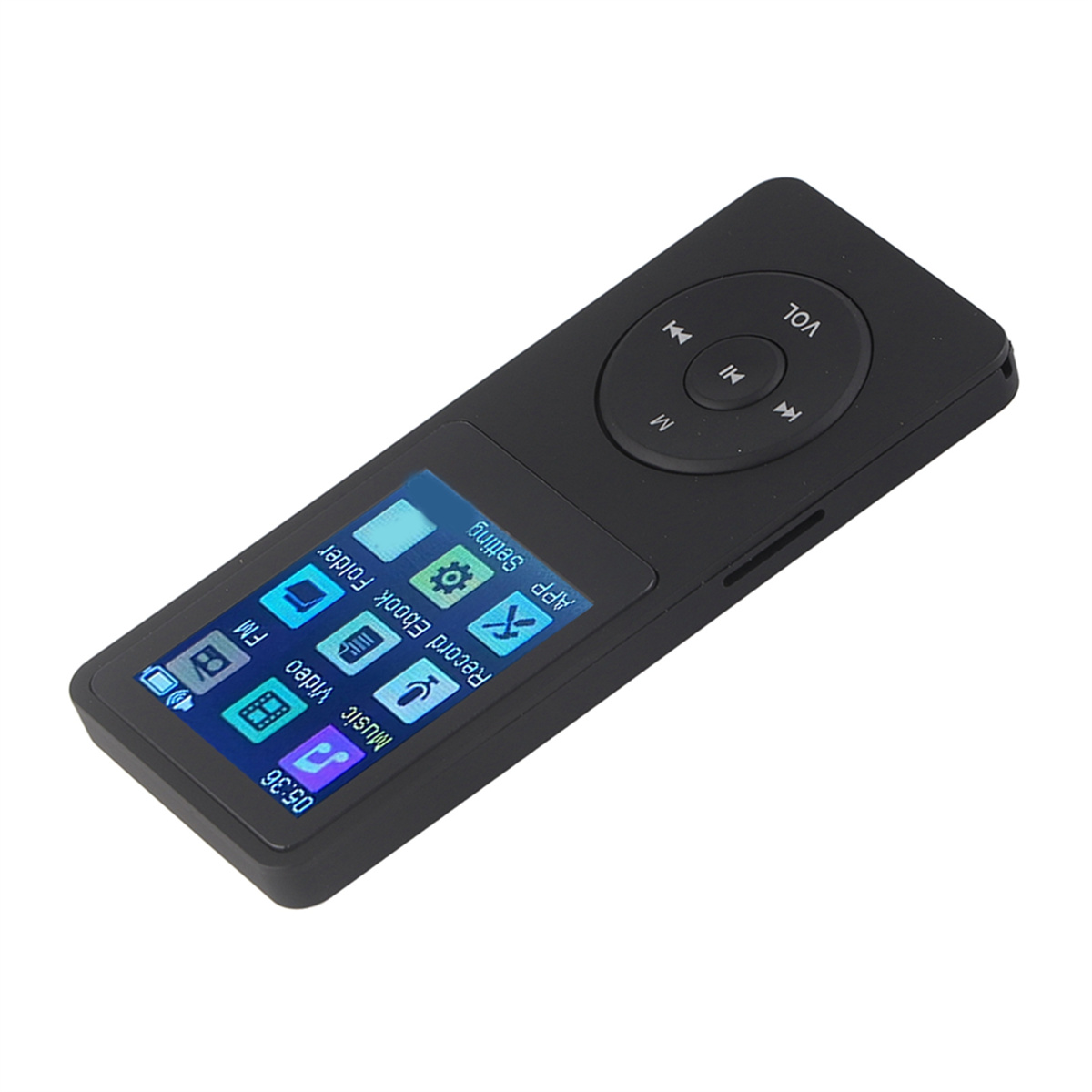 Ein schwarzer MP3-Player mit Bildschirm, der Symbole anzeigt. Hat Steuertasten und ein Lautstärkerad.
