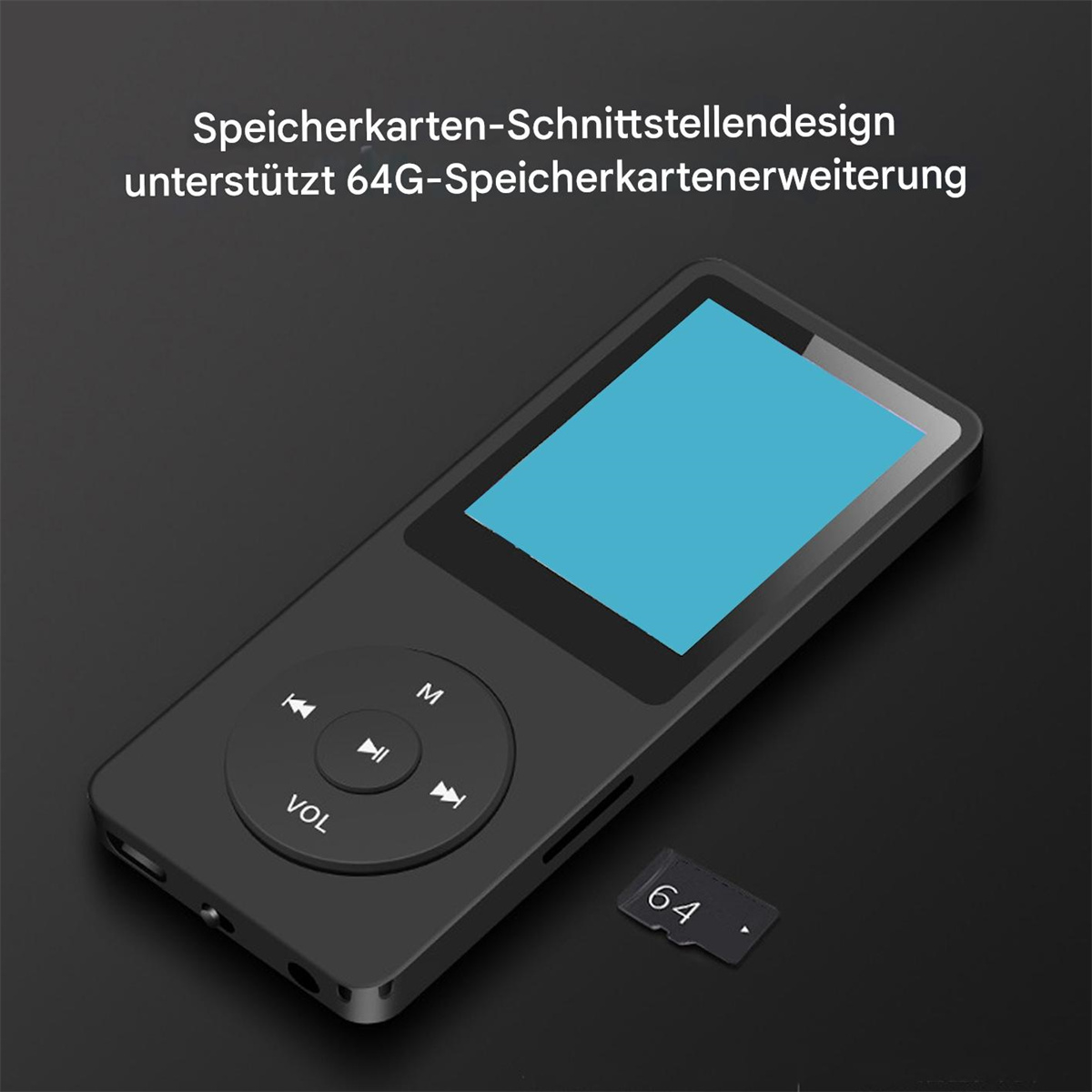 Schwarzer MP3-Player mit Bildschirm, der Symbole und eine 64-GB-SD-Karte anzeigt.
