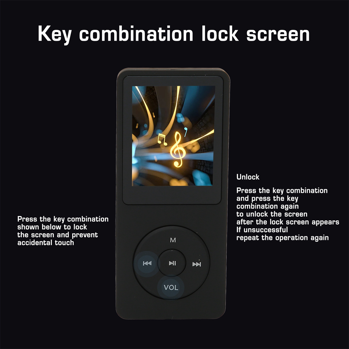 Schwarzer MP3-Player mit Bildschirm, der Noten zeigt. Hat Steuertasten und ein Lautstärkerad.