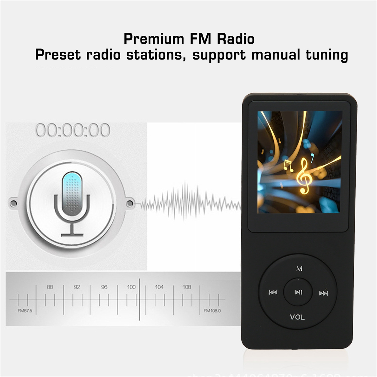 Schwarzer MP3-Player mit Bildschirm, der eine Mikrofon-Grafik und Radiofrequenzen zeigt.