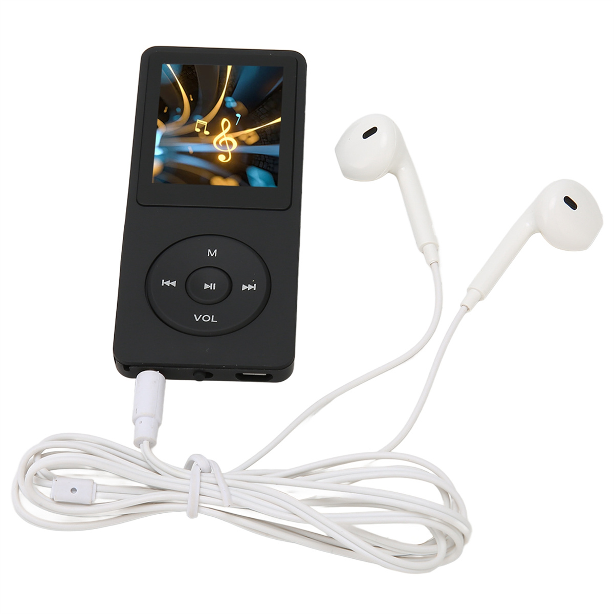 Ein schwarzer MP3-Player mit Bildschirm und weißen Ohrhörern mit weißem Kabel. Der Bildschirm zeigt Noten.