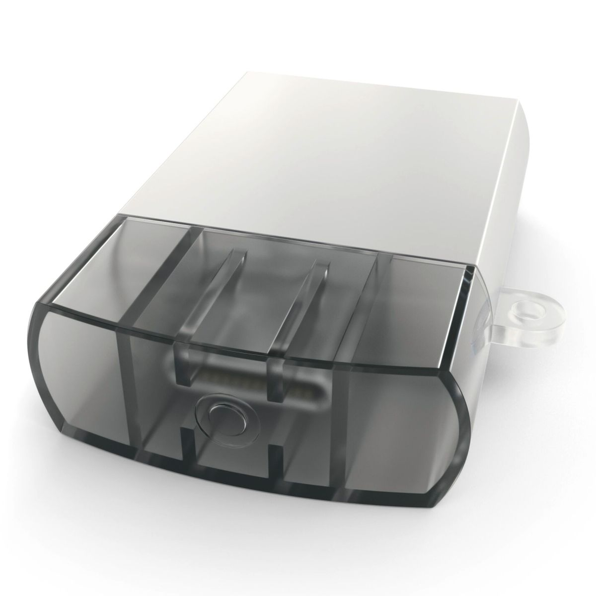 Un'unità USB nera e trasparente. Ha una sezione in plastica trasparente con un connettore USB all'interno.