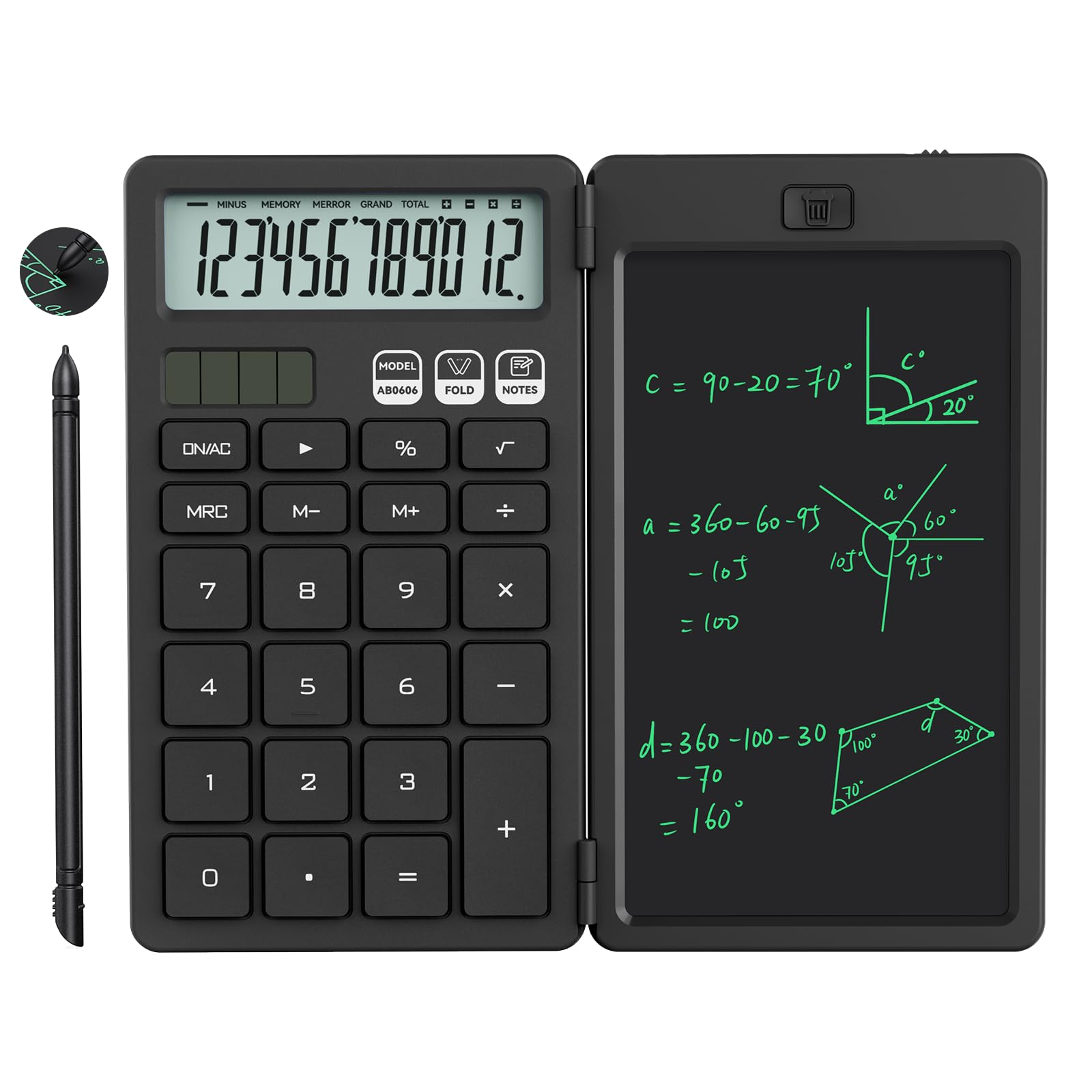 Ein schwarzer Taschenrechner mit Zahlenanzeige und ein Zeichen-Tablet mit mathematischen Gleichungen, mit Stift.