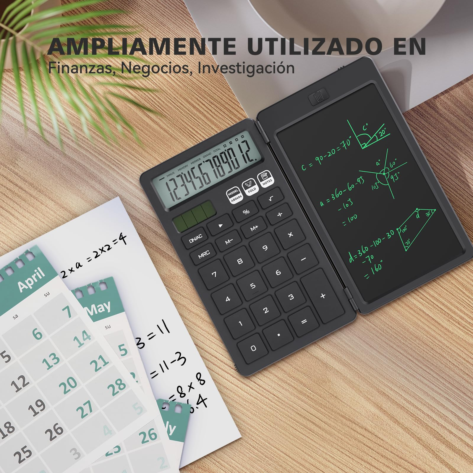 Ein schwarzer Taschenrechner mit Papier und einem Kalender. Der Text beschreibt die Verwendung in Finanzen und Wirtschaft.
