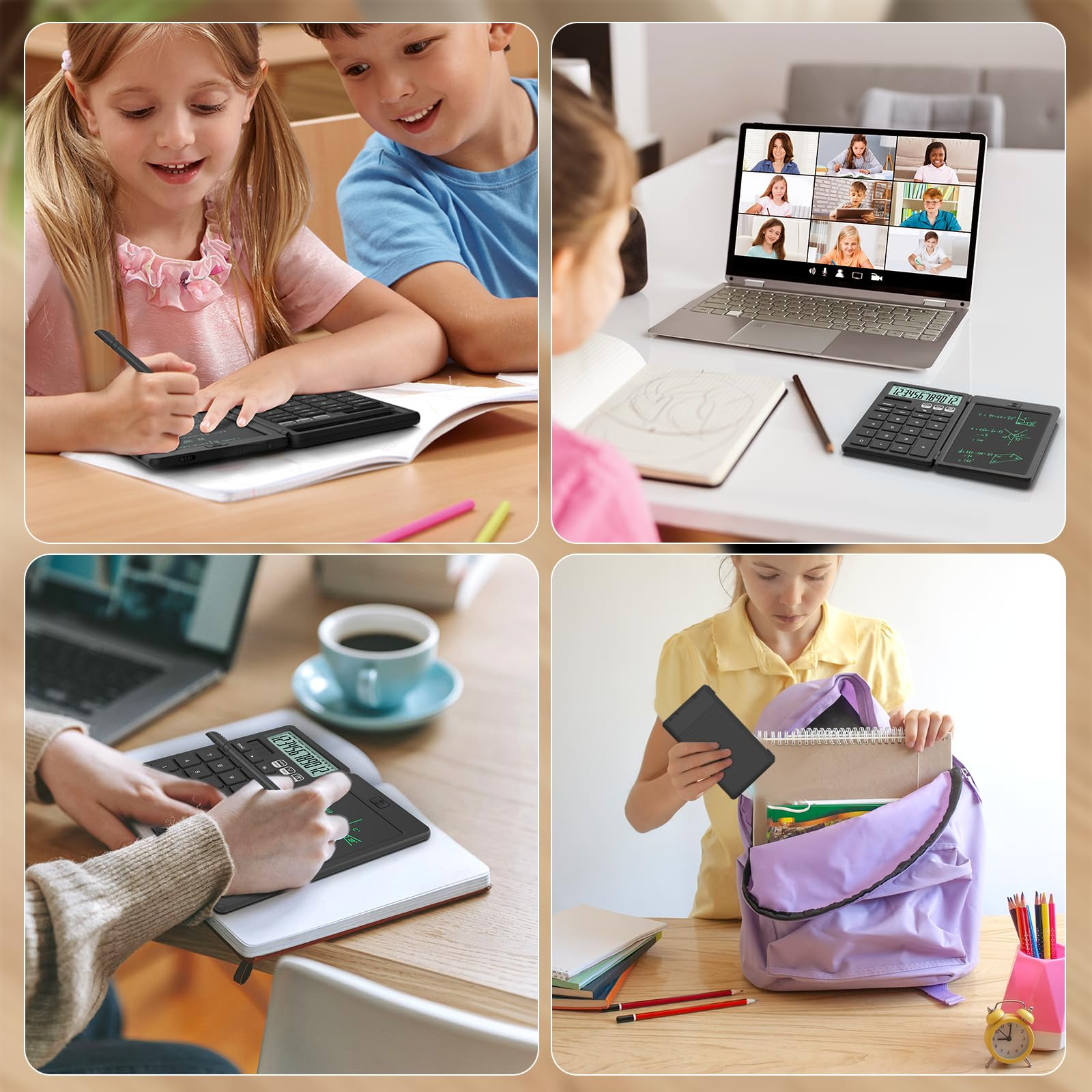 Vier Bilder, die die Verwendung eines Rechners und Zeichen-Tablets zeigen: Online-Unterricht, Arbeiten, Kaffee und Packen in einer Tasche.