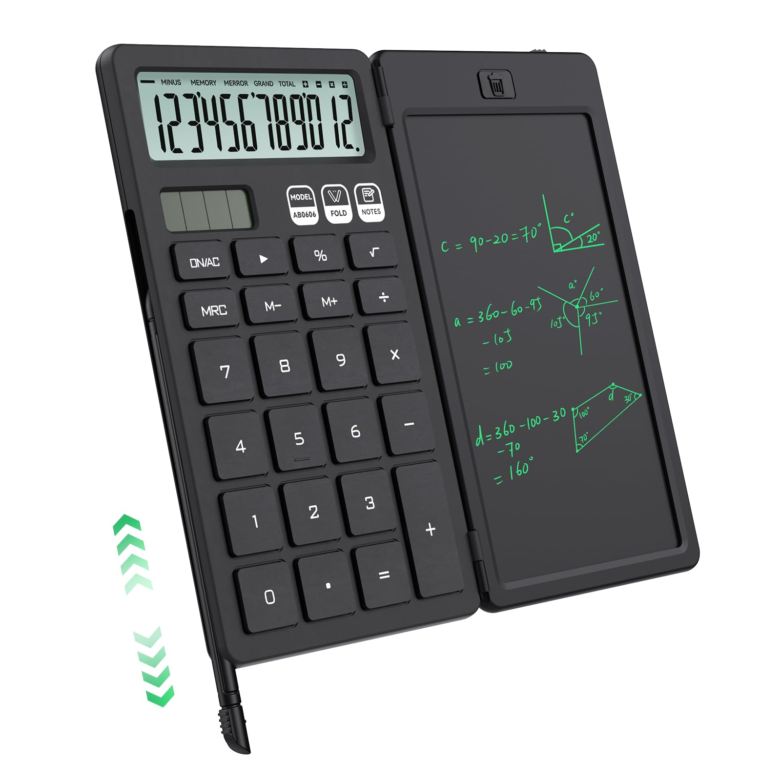 Ein schwarzer Taschenrechner ist geöffnet und zeigt Zahlen, Gleichungen und eine Zeichnung. Ein Stift ist enthalten. Text beschriftet den Rechner.