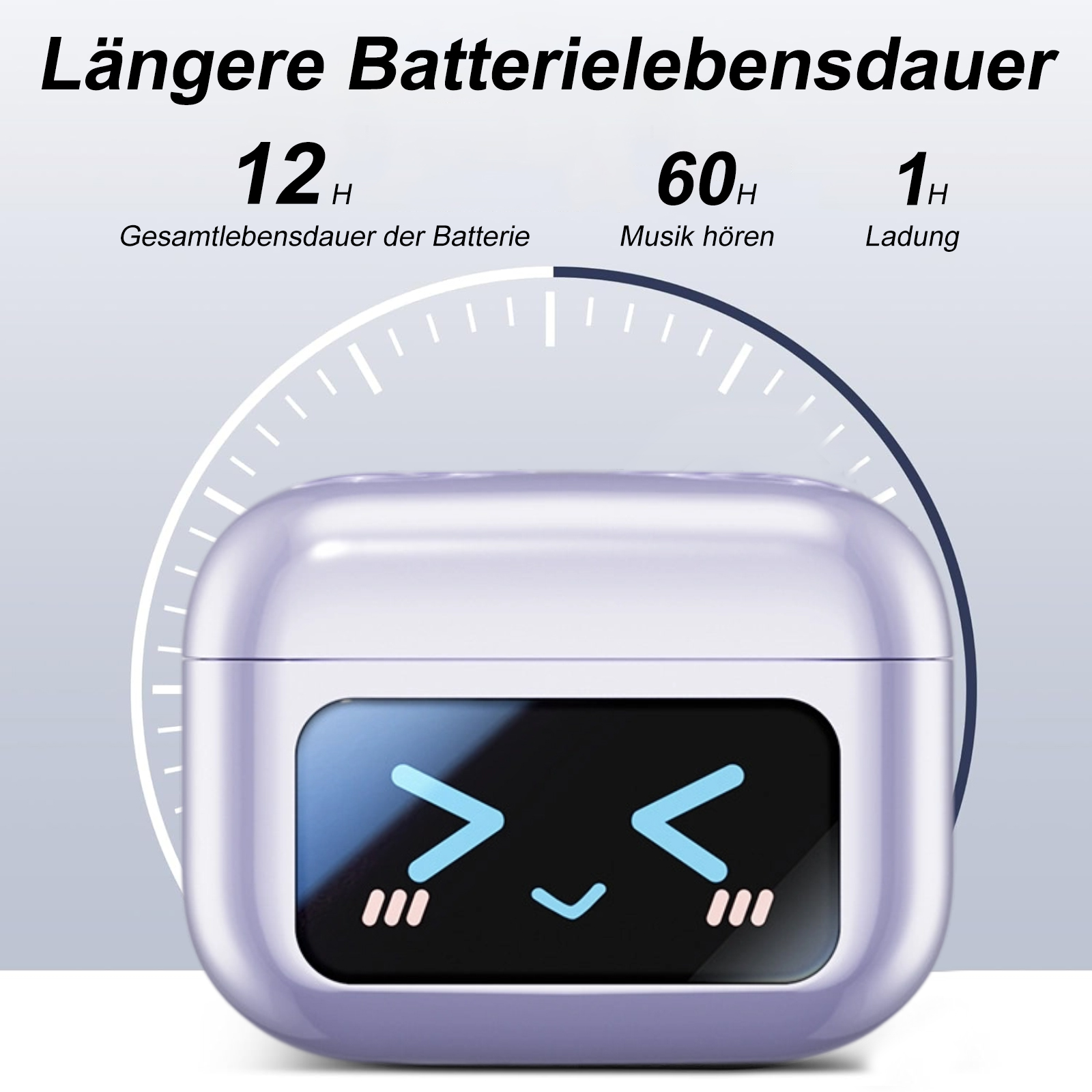 Lila Ladecase mit lächelndem Gesicht, Text mit 12 Stunden Akkulaufzeit. Kopfhörer und Infos auf weißem Hintergrund.