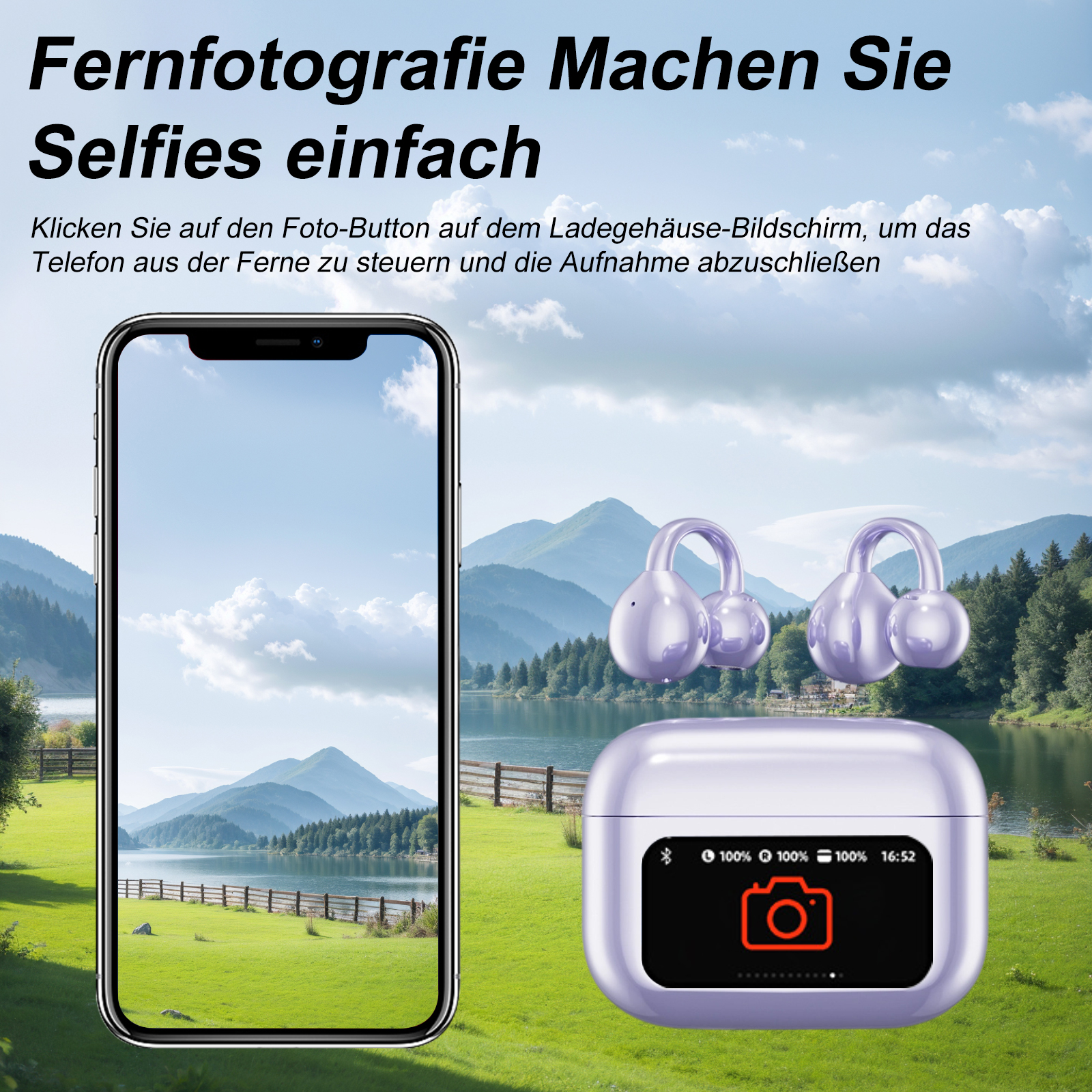 Ein Telefon und Ohrhörer werden gezeigt. Das Ladecase zeigt ein Kamerasymbol an. Text: Machen Sie Selfies einfach.