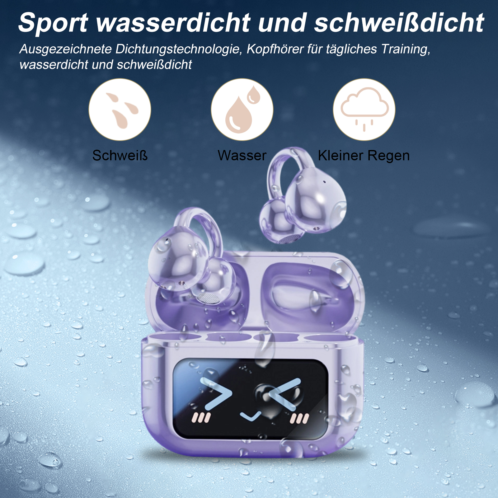 Lila Ohrhörer und Ladecase mit Wassertropfen, Schweiß- und Regen-Symbolen und Text auf Deutsch.