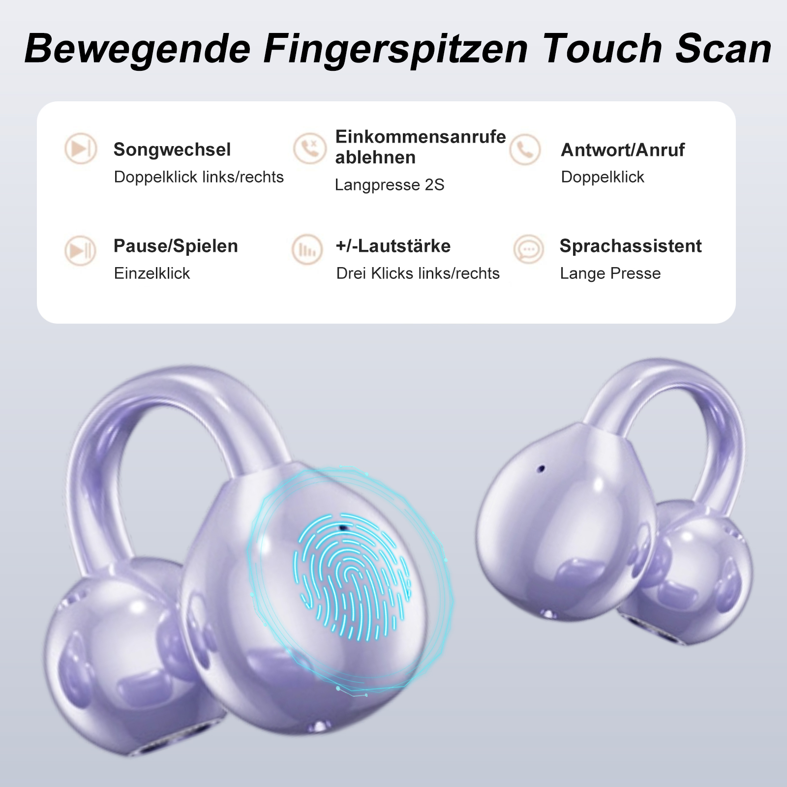 Lila Ohrhörer mit Text, der Touch-Steuerung beschreibt: Songwechsel, Anruf ablehnen, Pause, Lautstärke und Sprachassistent.