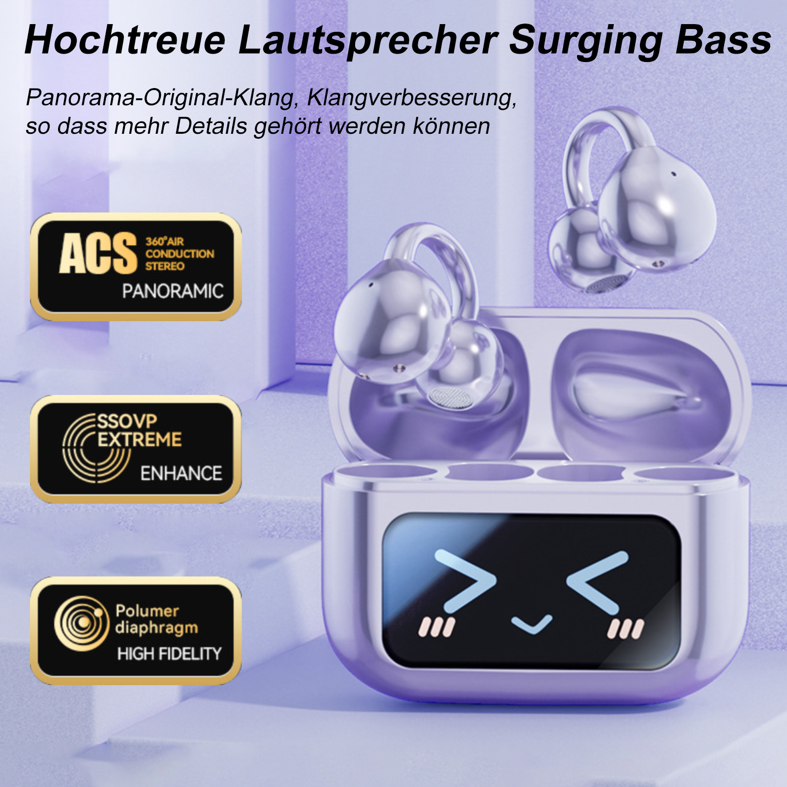 Kabellose Ohrhörer in einem Ladecase, mit Text über Klangqualität und Funktionen.